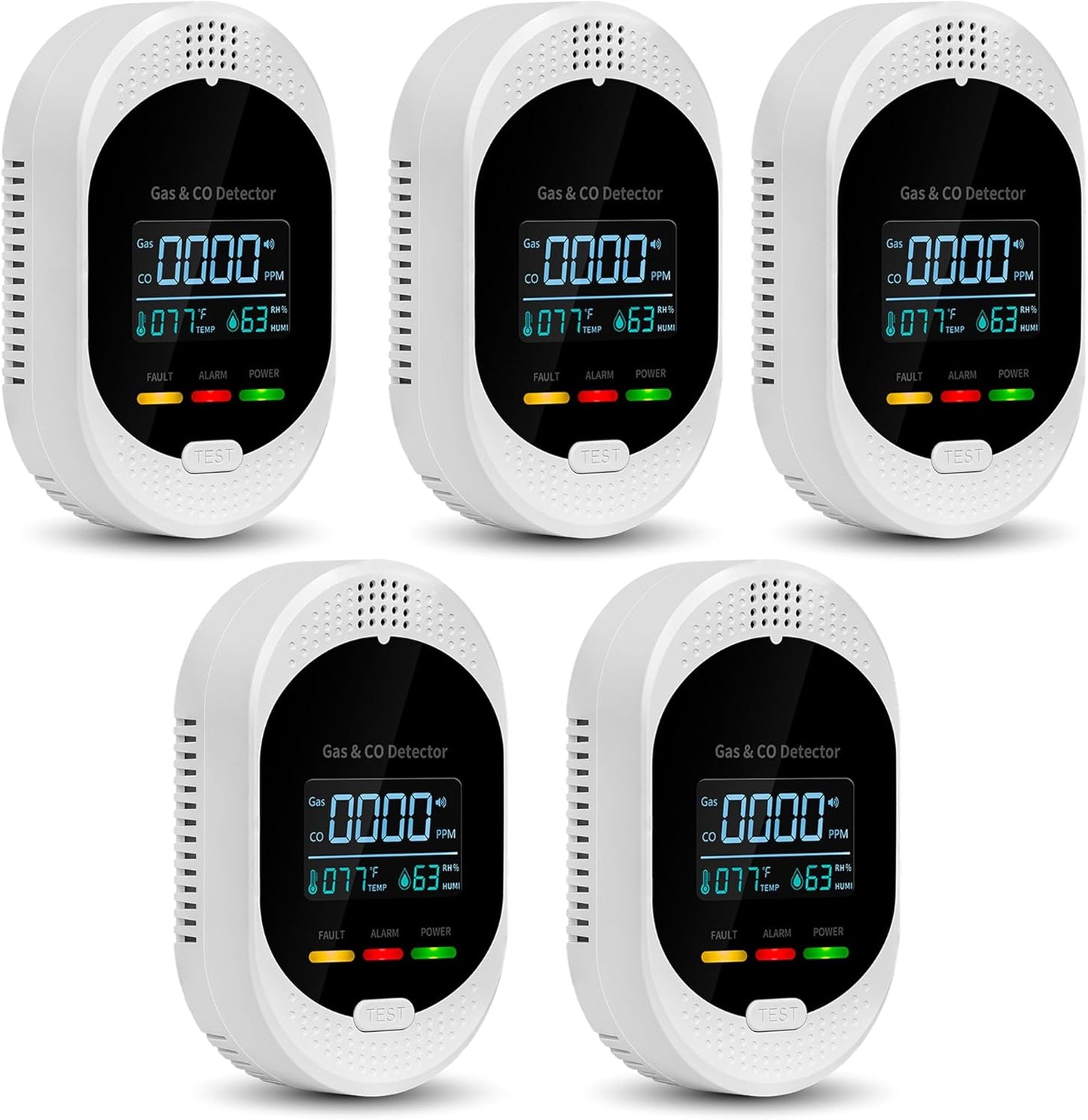 5PCS 4-in-1 Carbon Monoxide & Natural Gas Detectors with Temperature/Humidity LCD Display, Plug in Co Leak Detector Propane Monitor for Home Travel RV Essentials, Sound Alarm Over 85dB