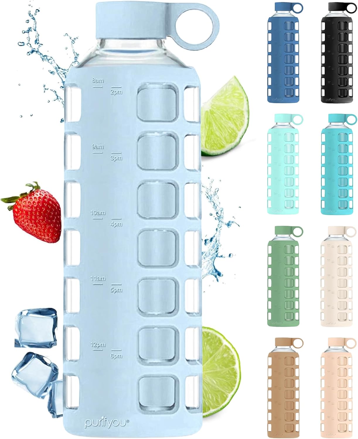 purifyou 40oz / 32oz / 22oz / 12oz Borosilicate Glass Water Bottle with Time & Volume Markers, Silicone Sleeve, Stainless Steel Lid | Reusable Glass Bottle for Water & Juice (40oz Ice Blue)