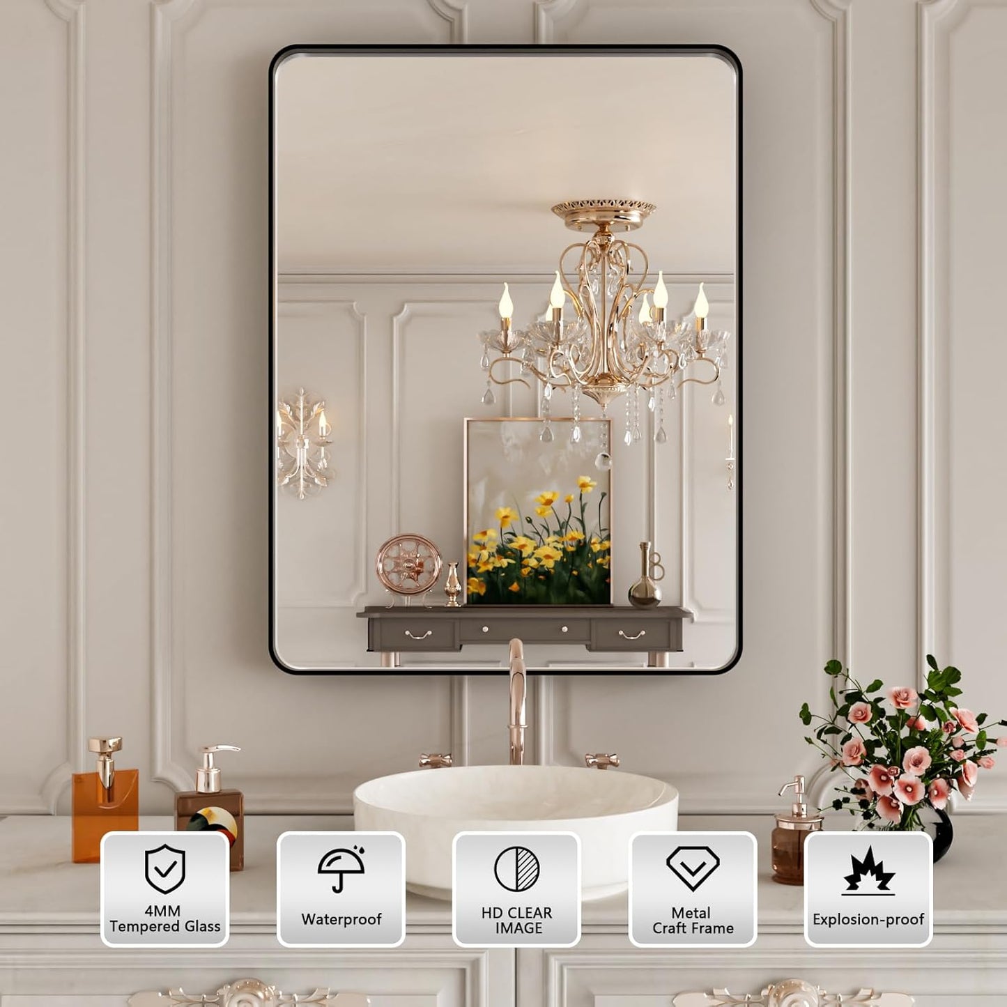 Black Metal Framed Bathroom Mirror for Wall,24X28 Rounded Rectangle Mirror, Matte Black Bathroom Vanity Mirror Farmhouse, Anti-Rust, Tempered Glass, Hangs Horizontally or Vertically