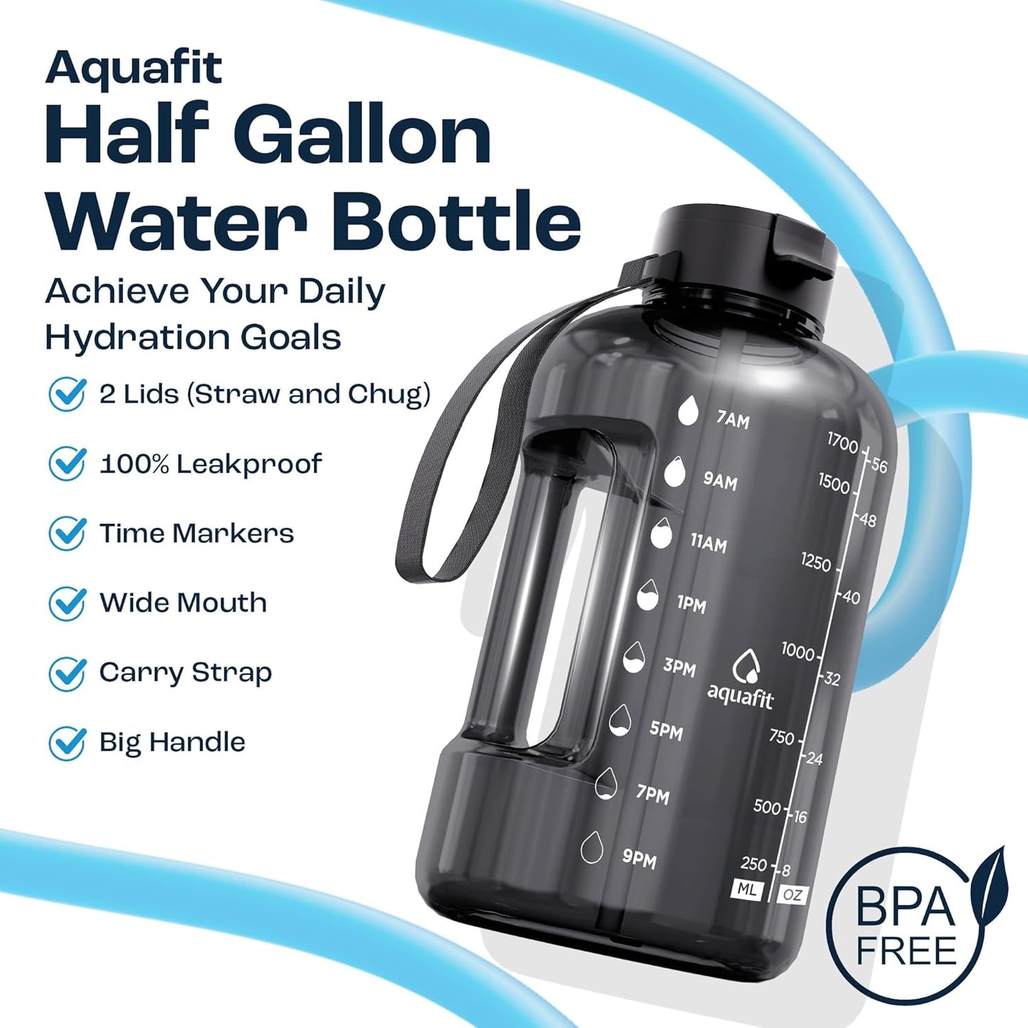 AQUAFIT 64 oz Water Bottle with Time Marker - Straw & Chug Lid - BPA Free Half Gallon Gym Water Bottle with Handle - Big Gallon Jug (Nebula, 64 Ounces)