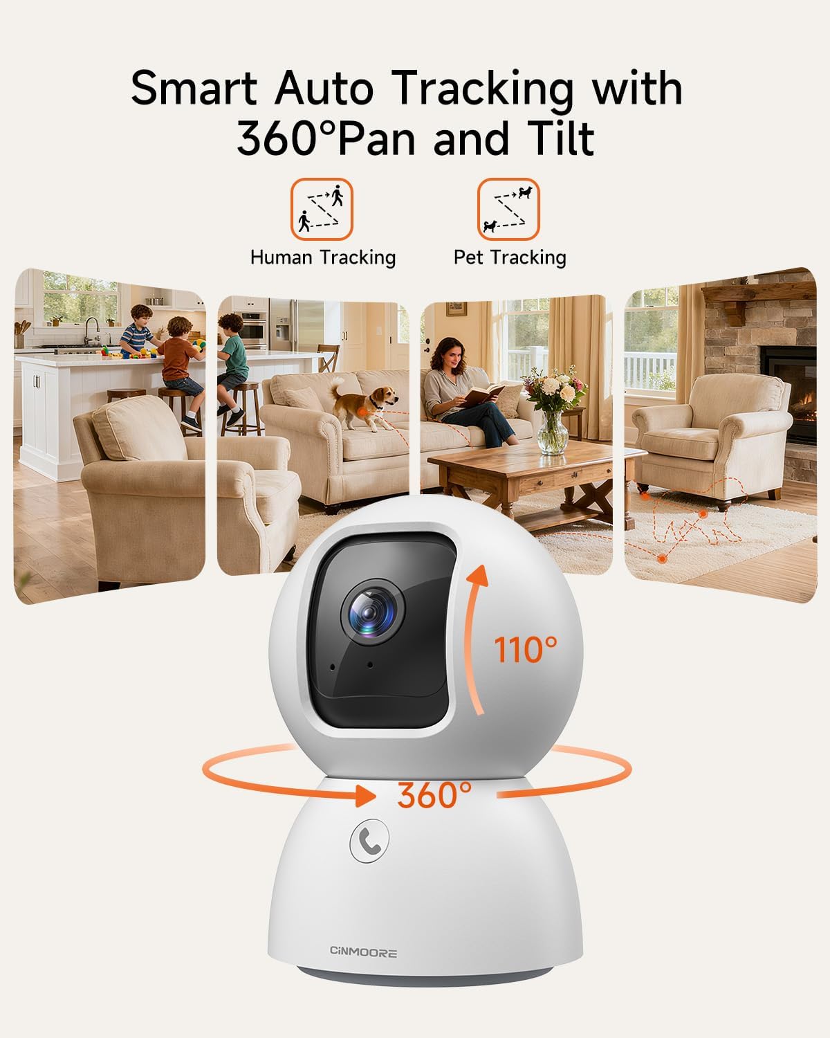 5MP Camera for Home Security, Free 64GB SD Card, Non-Subscription AI Human/Pet/Facial Detection, 3K Dog Cat Pet Camera with Phone APP, 360 Coverage, 2-Way Talk, IR Night Vision, 2.4G 5G Dual Band WiFi