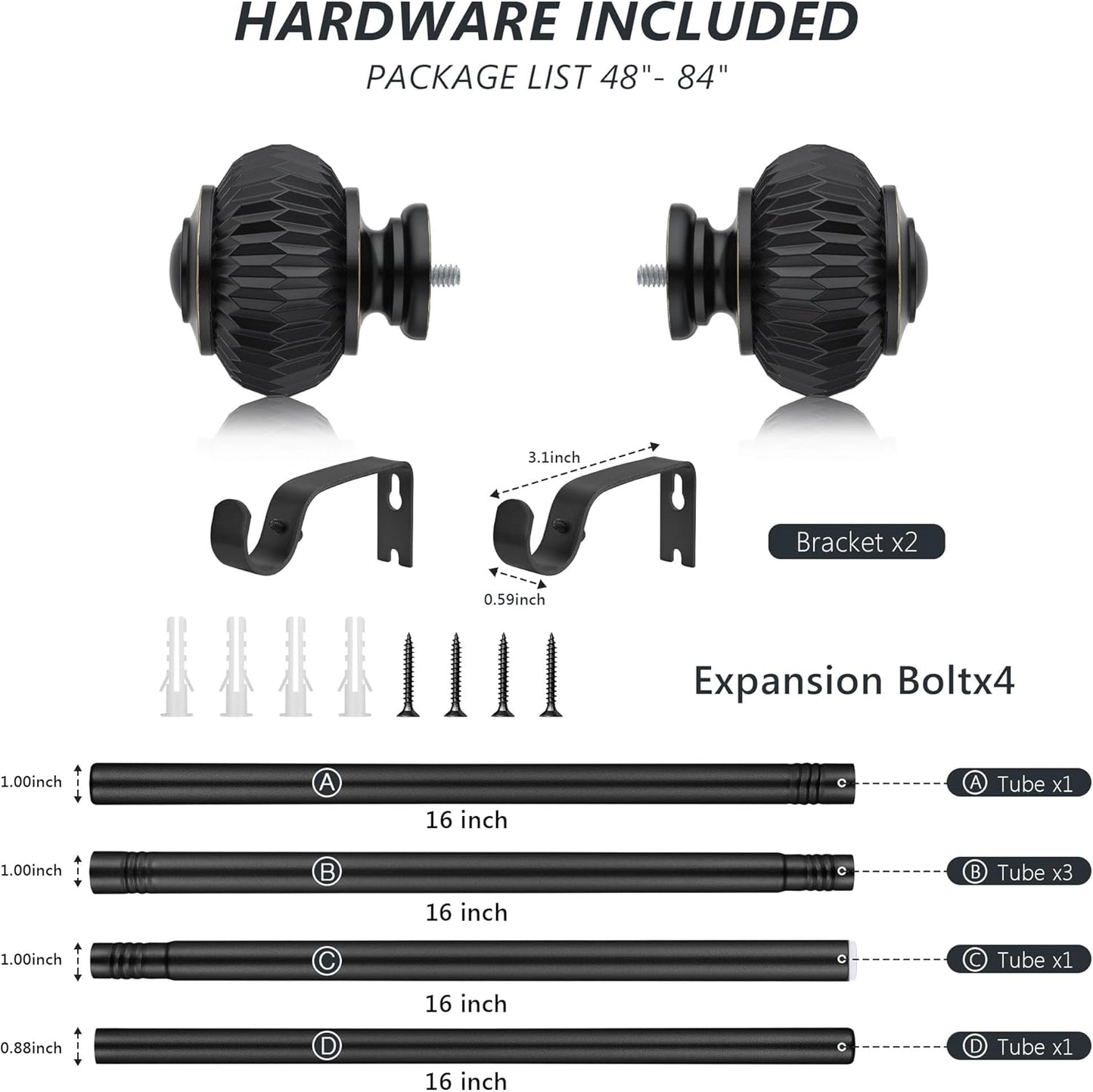 Black Curtain Rods for Windows 48 to 84 Inches 1 Inch Adjustable Heavy Duty Curtain Rods with Lantern Ball Finials,Window Treatment Single Curtain Rod Set