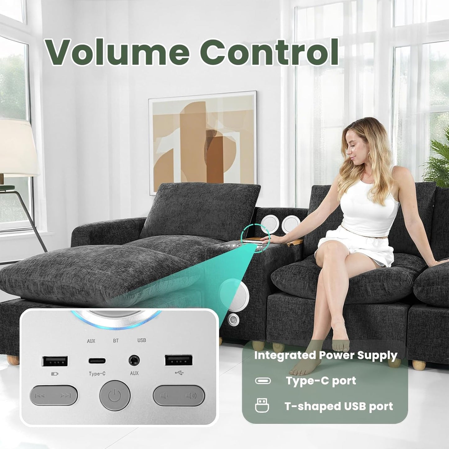 Brelice Modular Sofa Console with Wireless Charging & Bluetooth Speaker - All-in-One Armrest Organizer with Wired Charging, Storage Tray, Volume Control for Sectional Couch, Living Room