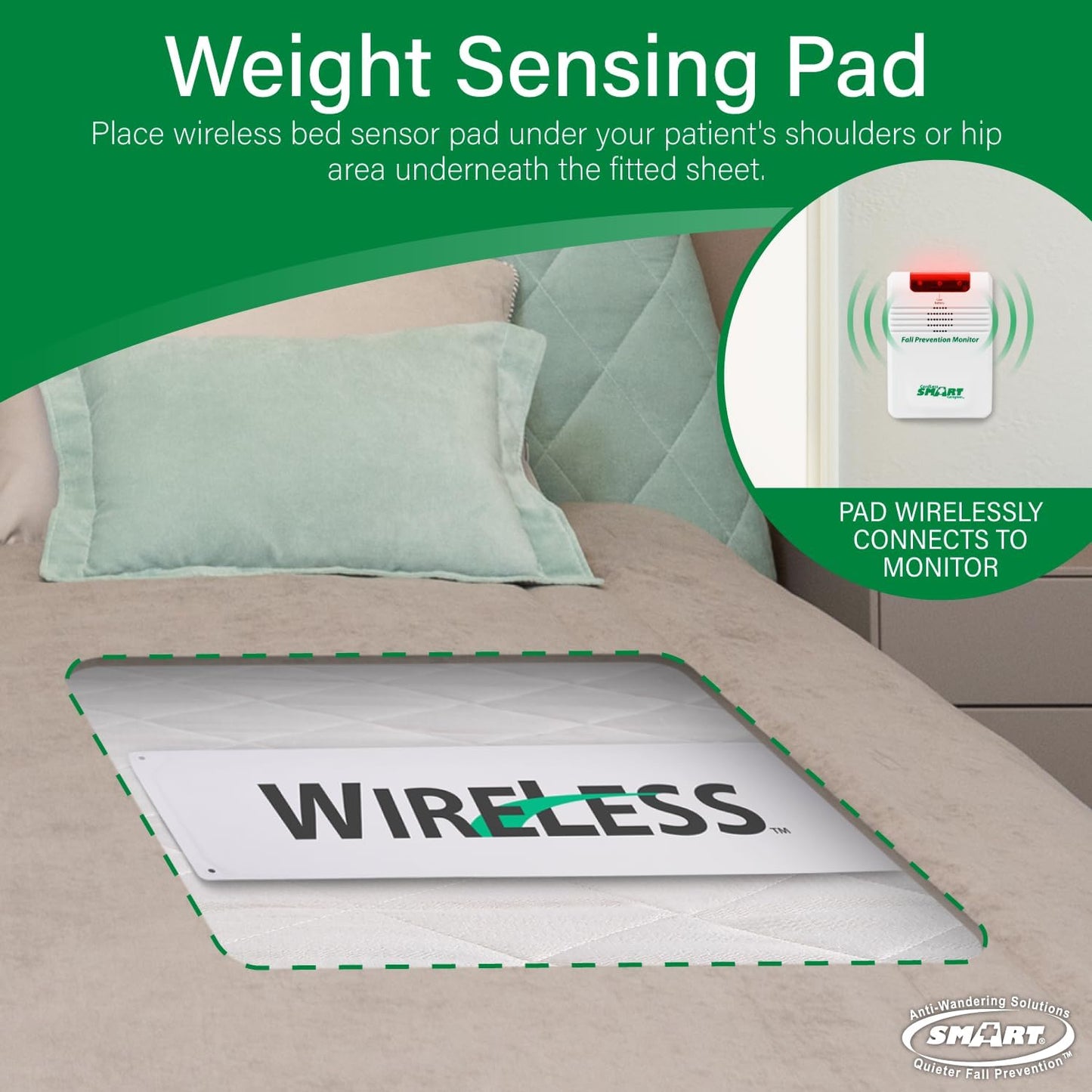 Smart Caregiver Wireless Bed Alarm System - Cordless Weight Sensing Bed Alarm Pad (10” x 30”) with Remote Alert Monitor, Free Individual Cleaning Wipes and Liberty 7 Day Pill Box