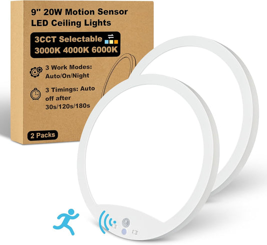 Hard-Wired Motion Sensor Ceiling Lights, 9in 20W Flush Mount Motion LED Ceiling Lights, 3000K 4000K 6000K Indoor Ceiling Light for Closet Doorway Stairway Hallway, 2 Packs, Not Battery Operated
