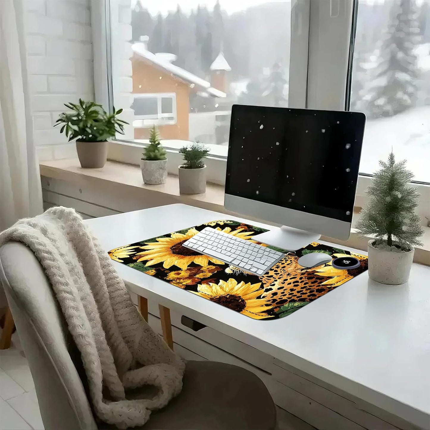 Heated Mouse Pad with 3 Temperature Settings(104°F–122°F),Large 24x14.2 Inch PU Leather Heated Desk Mat,Waterproof Warming Pad for Office,Gaming & Cold Hands Relief,Sunflowers Leopard Print