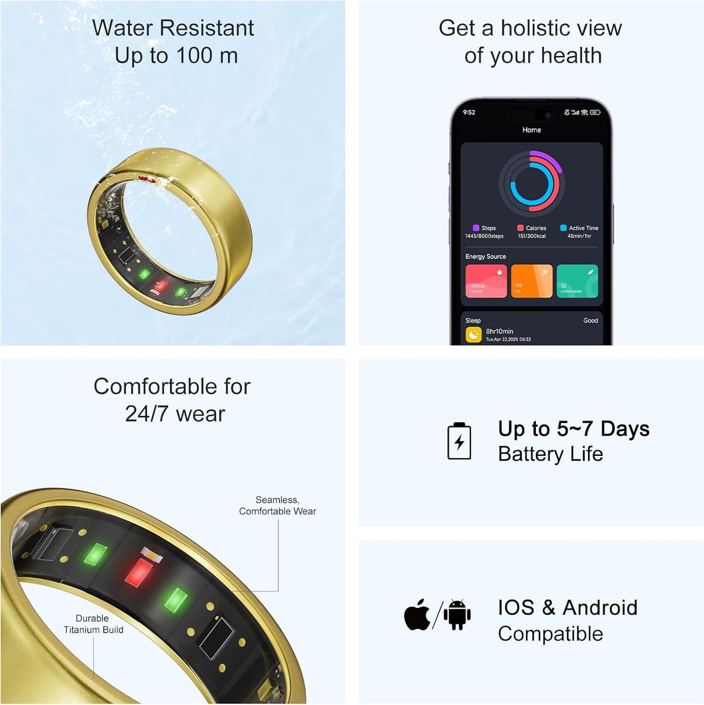 Ring OnePlus - Ultra-Thin Titanium Smart Ring - 7 Days Battery Life - Fitness/SPO₂/Stress/HR/Sleep Skin Temperature Tracker - No App Fee - iOS&Android Compatible (Gold,Size 9)