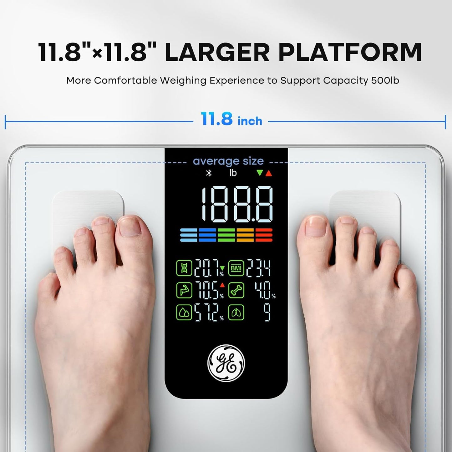 GE Smart Scale for Body Weight, BMI, Body Fat, Muscle Mass, Digital Bathroom Scales 500lbs for Bluetooth Weight Monitor 11.8" Large Platform Weighing Machine Health Analyzer with App, White