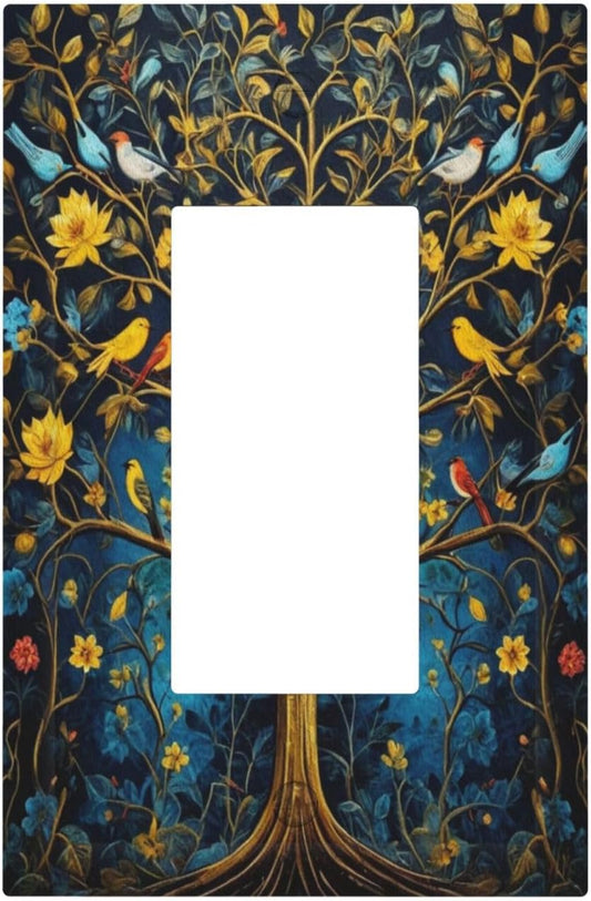 Gold Tree With Birds Flowers on Branches Single Decora Outlet Wall Plate 1 Gang Rocker Decorative Switchplate Faceplate GFCI Light Switch Covers for Home Living Decor