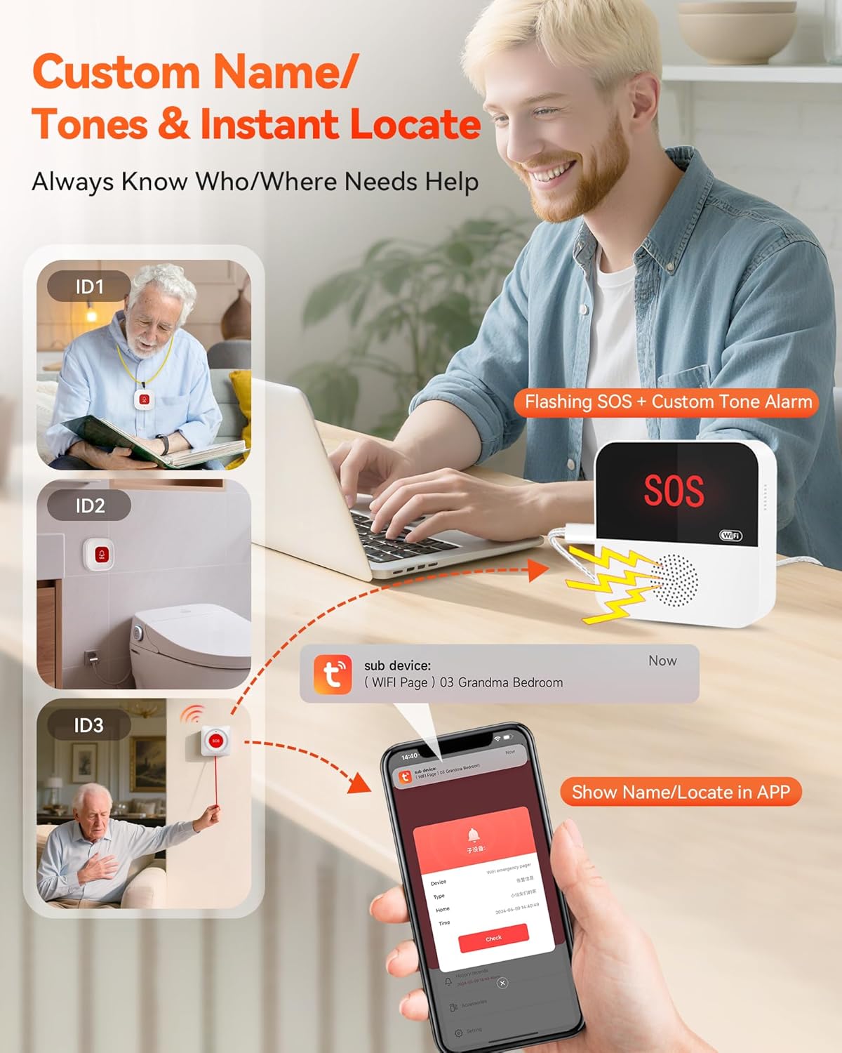 WiFi Caregiver Wireless Call Button System - 2 Lanyard + 1 Pull Cord Emergency Button, No Monthly Fee APP Alert, Custom Names/Tones, Elderly Safety for Mobile, Bathroom & Bedside Care