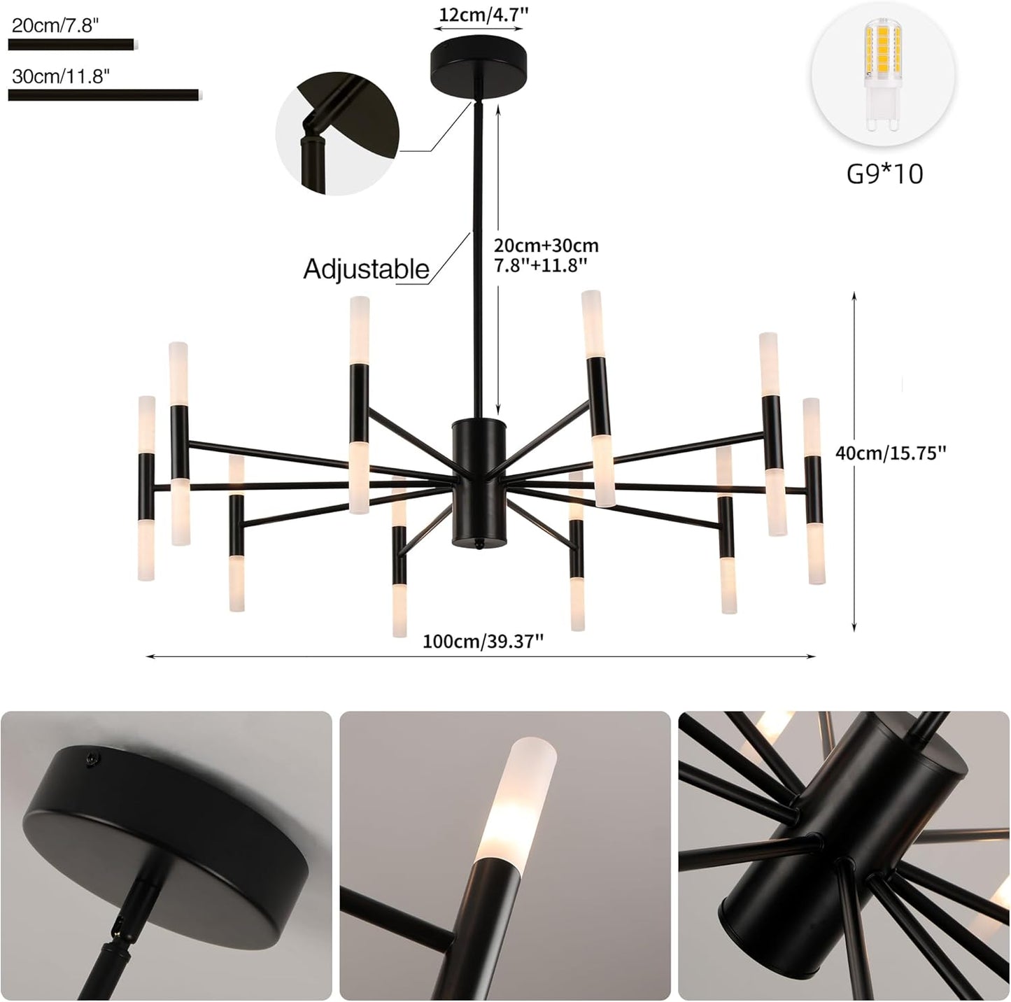 Modern Sputnik Chandelier Mid Century Black Chandeliers for Dining Room Living Room Kitchen Bedroom Support APP Voice Control Dimmable Smart LED Light Fixture(GB1337YY20-BK)