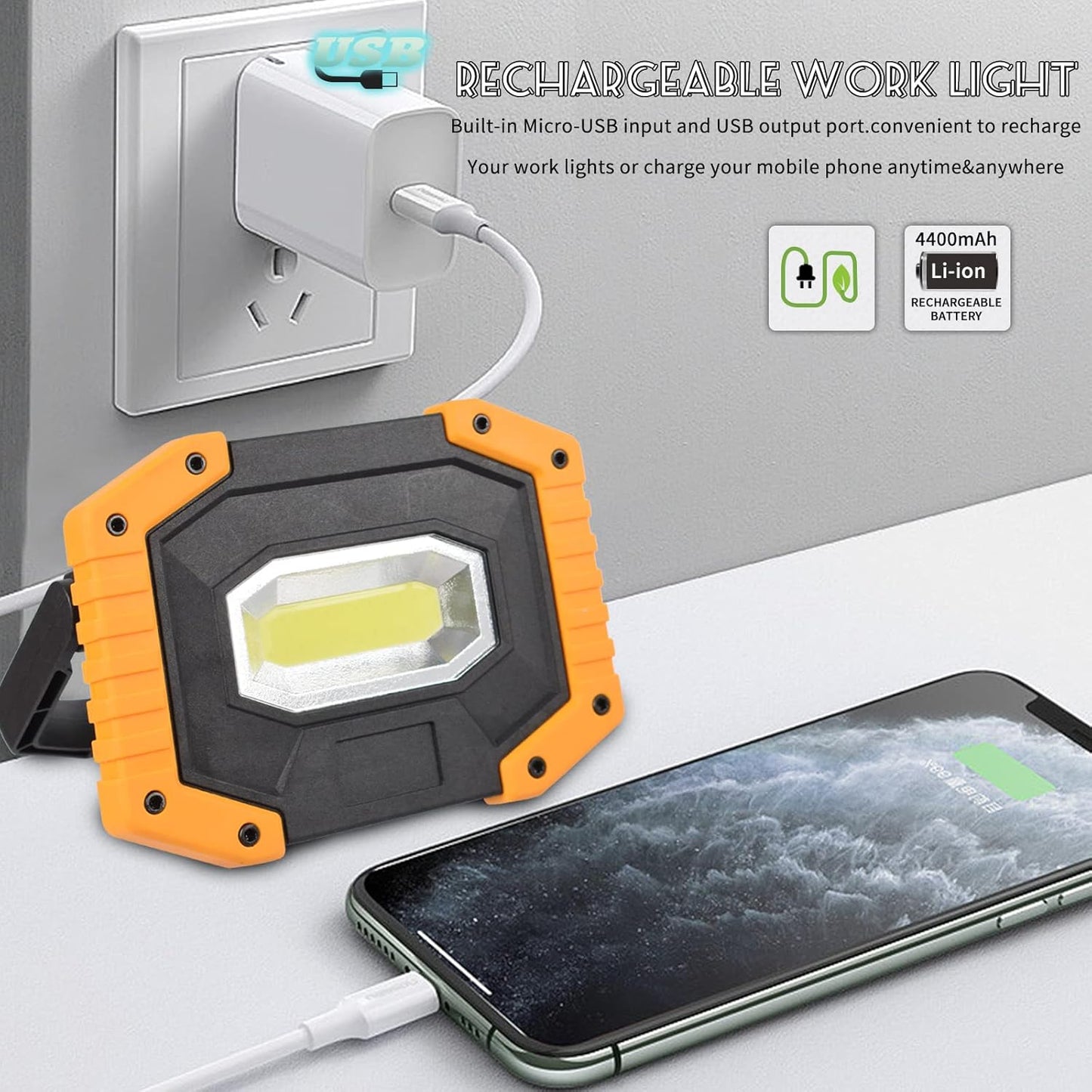 OTYTY LED Work Light 2-Pack, 30W 1500LM Portable Rechargeable Flood Lights with Magnetic Base, 4200mAh Battery for Outdoor, Camping, Hiking, Emergency, Car Repairing, Job Site Lighting (W841 Yellow)