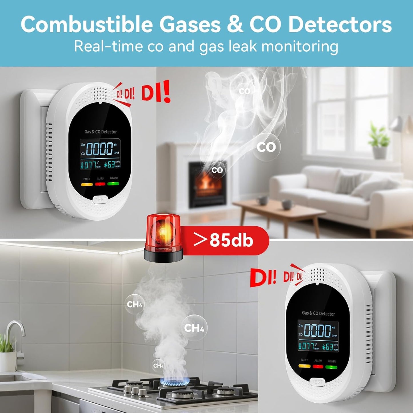 4-in-1 Carbon Monoxide Detectors,Plug in Combustible Gas Detector,Natural Gas & Co Gas Alarm Detectors with Temperature Humidity Display,Clear LCD Screen Sound Light Dual Alarm for Home RV Travel