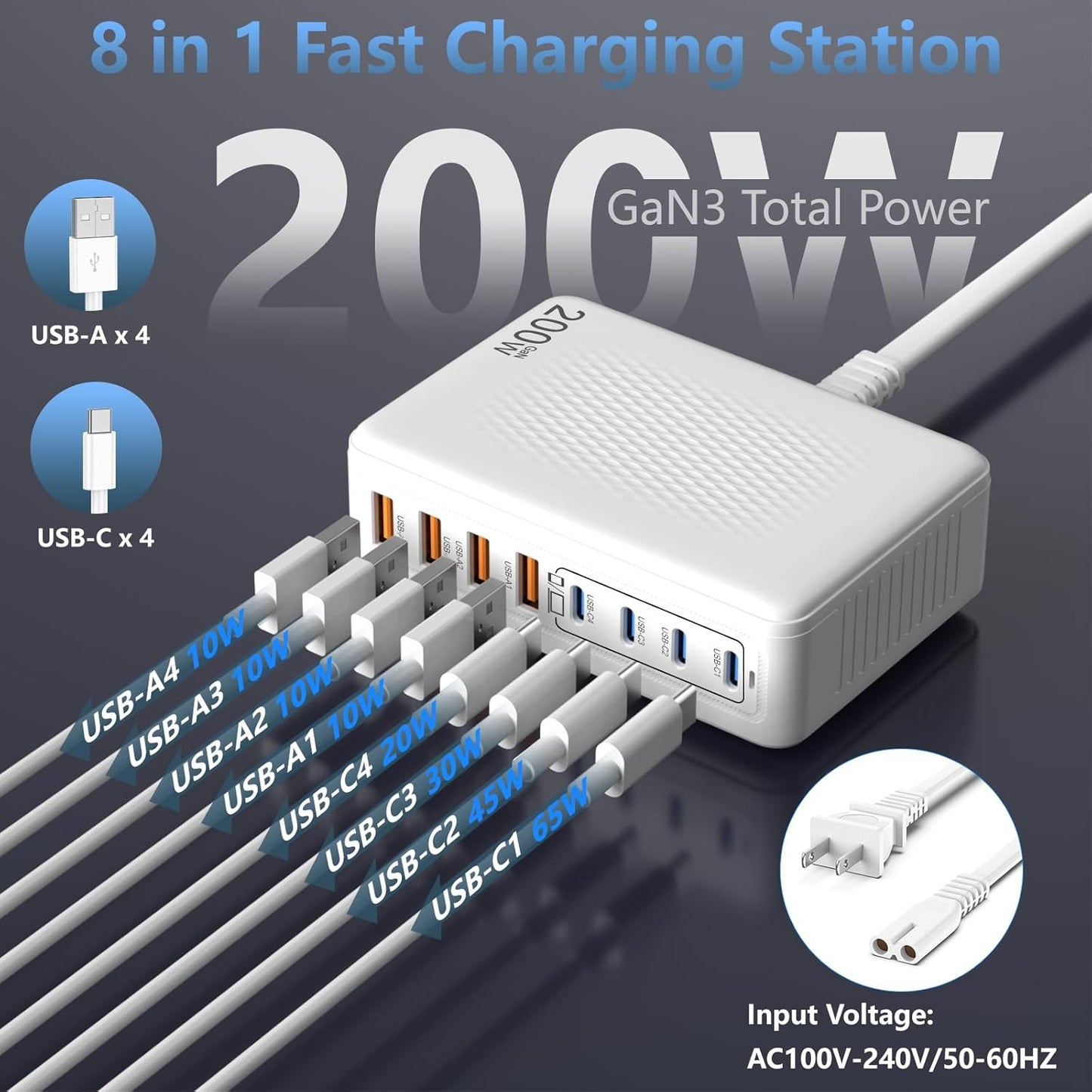 200W USB C Charger Block,GaN III 8-Port Fast Charging Station Hub,PD 65W Laptop Charge Adapter Compatible with All MacBook Pro/Air/iPad,DELL,iPhone /17/16/15/14/13/Pro Max/Galaxy Pixel Series