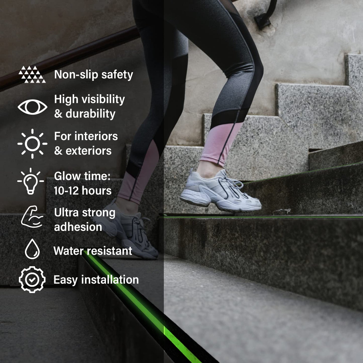 Anti Slip Glow in The Dark Traction Tape 2Inch x 16ft – Heavy Duty Adhesive Grip Non Skid Tape for Stairs Waterproof Safety - Outdoor/Indoor - Neon Strips Walk Black - 2 Pack