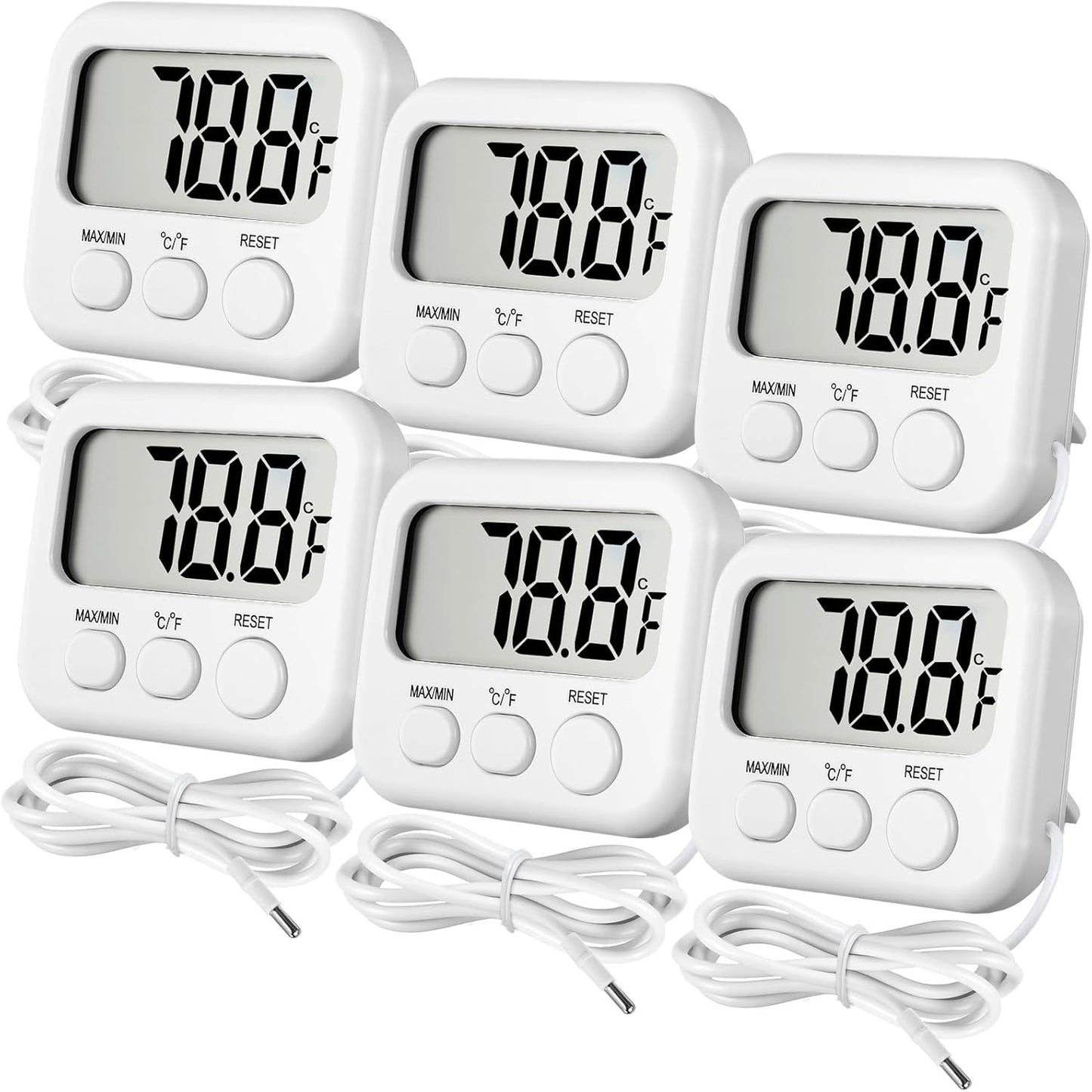 Kingdder 6 Pack Digital Thermometer with Magnetic Back External Sensor Fridge Thermometer Freezer Waterproof Room Temperature Monitor with LCD Display, Max/min Record Function for Kitchen Aquarium
