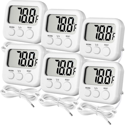 Kingdder 6 Pack Digital Thermometer with Magnetic Back External Sensor Fridge Thermometer Freezer Waterproof Room Temperature Monitor with LCD Display, Max/min Record Function for Kitchen Aquarium