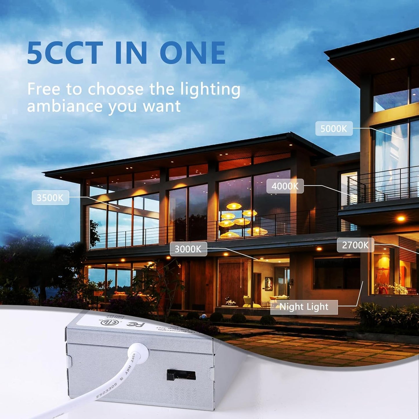 CycevSun 24 Pack 6 Inch LED Recessed Lighting with Night Light - Canless Ultra Thin Wafer Downlight Soffit Pot, Dimmable & 5 Color Temperature Selectable, 12W, ETL & Energy Star