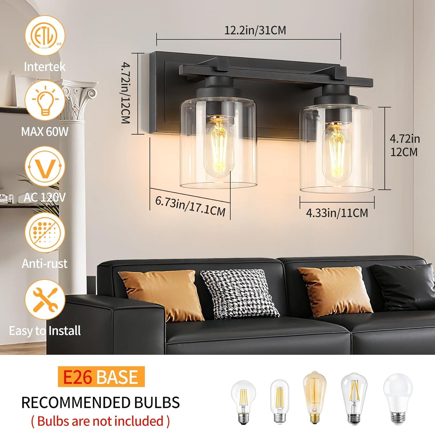 2 Light Modern Bathroom Light Fixtures Over Mirror, Black Vanity Lights for Bathroom Wall Sconces with Clear Glass Shades, E26 Socket (Bulbs Not Included)
