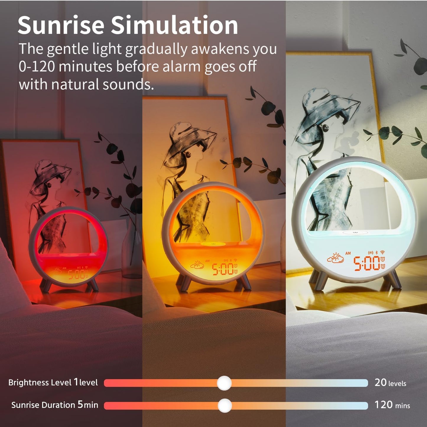 MOMILLA Smart Sunrise Alarm Clock with Wireless Charging, Wake up Light w/Bluetooth Speaker, Compatible with Airpods/iPhone, APP Control White Noise Sound Machine, Alarm Clocks for Bedrooms Adults