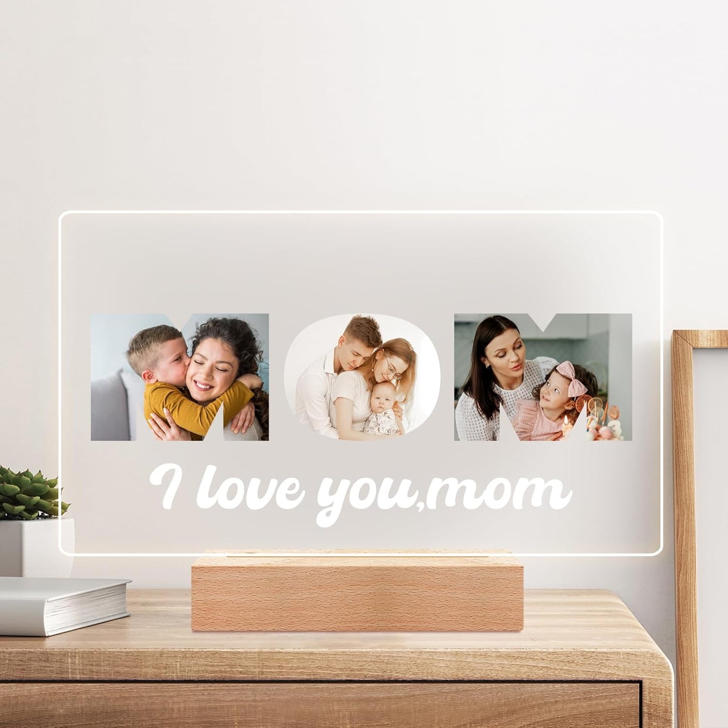 Custom Mom Picture Frame with Photo, Personalized Photo Frame with Night Light, Customized Picture Frames, Personalized Valentines Day Gifts for Mom from Daughter & Son