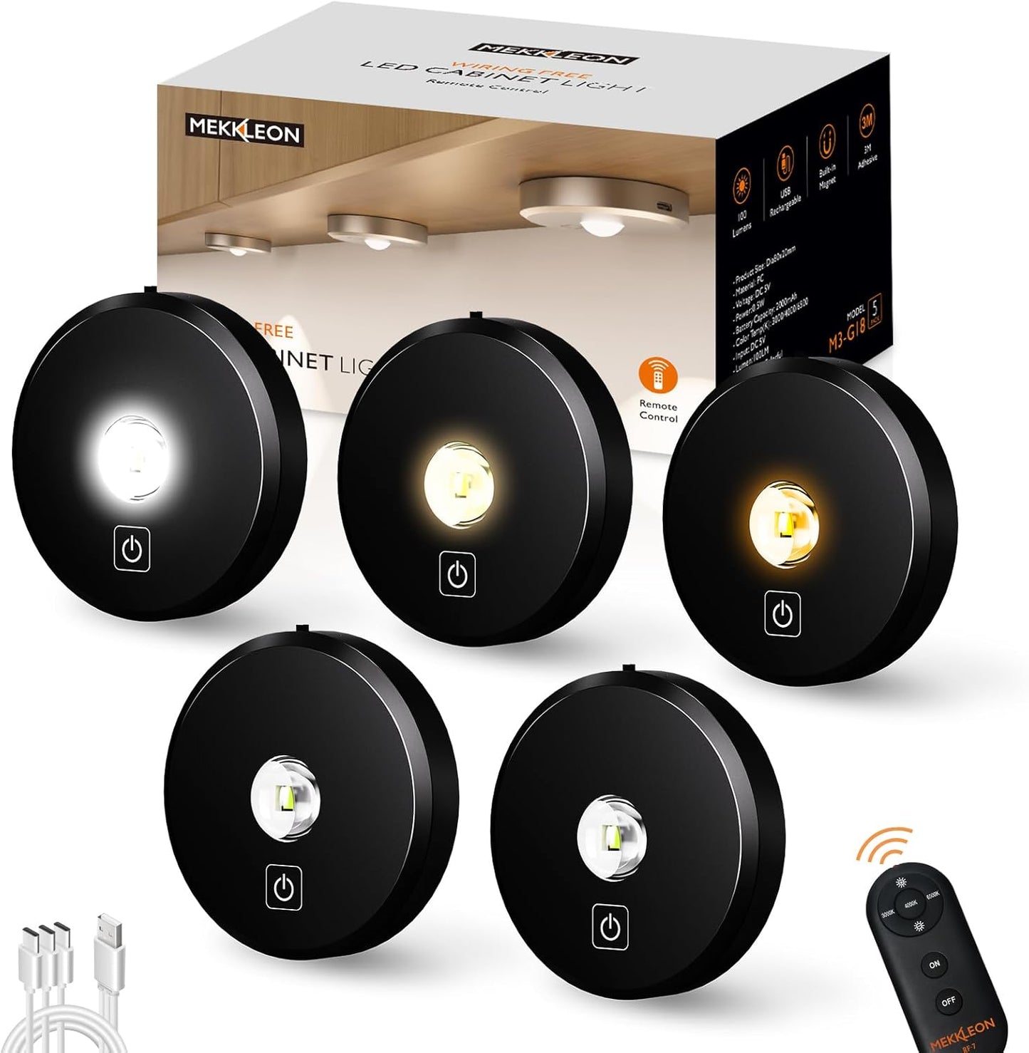 Puck Lights Cordless with Remote Control, 2200mAh Rechargeable Under Counter Lighting,3 Color Temperatures Dimmable Under Cabinet,Closet Light,Tap Light for Hallway (Black, 5PCS)