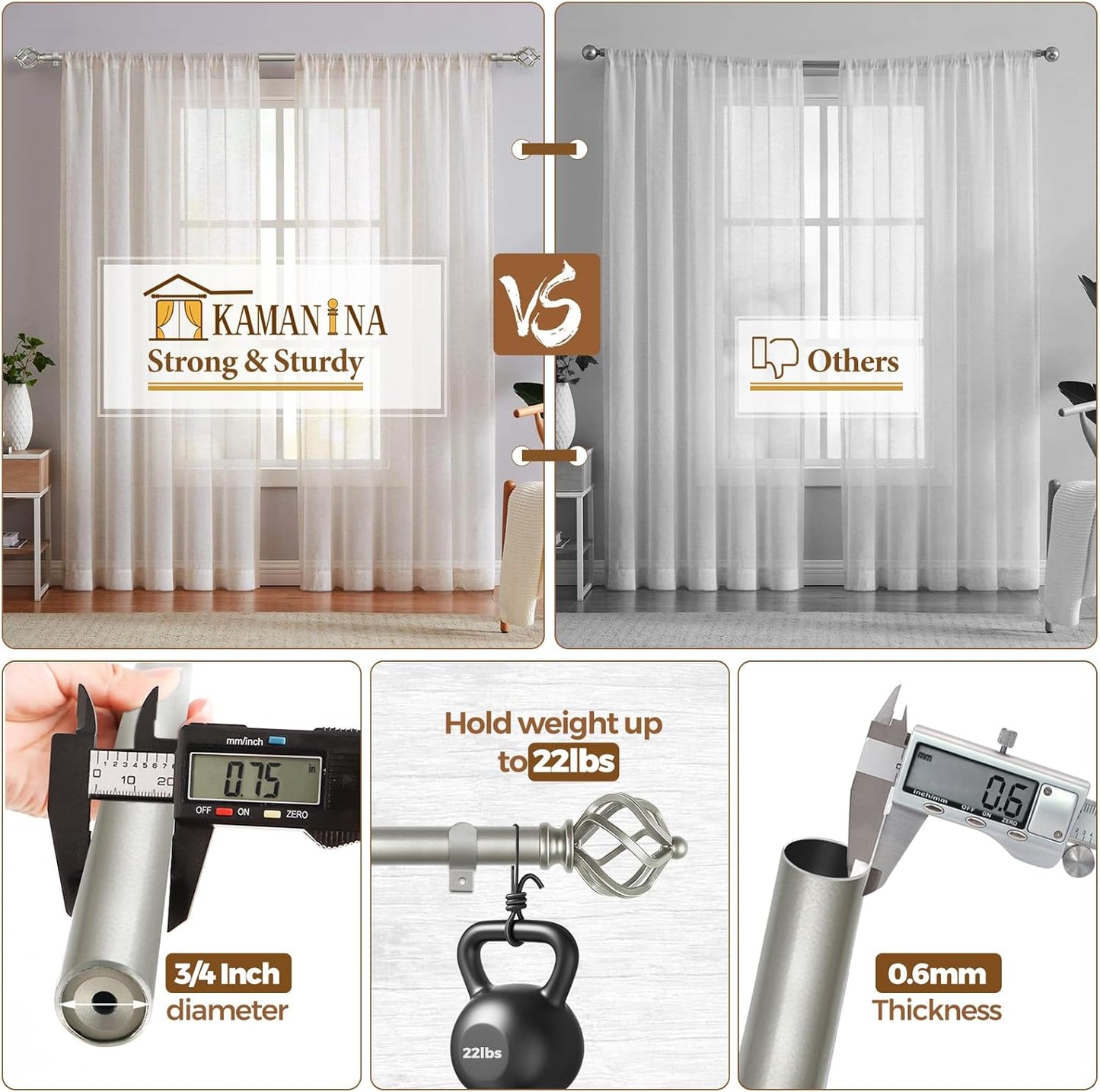 KAMANINA Silver Curtain Rod 32 to 58 Inch(2.6-4.8ft), Adjustable Curtain Rods for Windows 28 to 48 Inch, 3/4 Inch Splicing Drapery Rods with Twisted Cage Finial