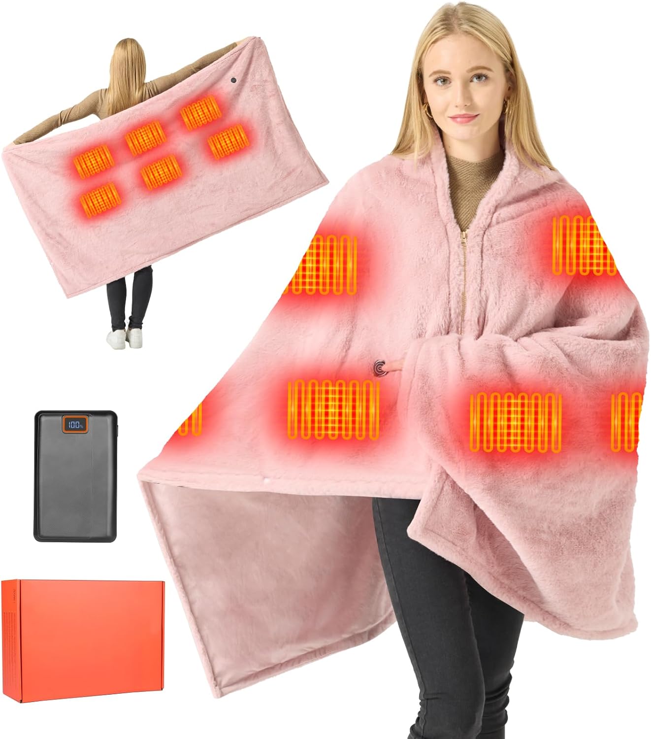 Graphene Heated Blanket Battery Operated, 20000mAh Battery 7.4V Fast Heating Blanket Portable Heated Shawl, Cordless Rechargeable Heated Shawl 3 Temperature Settings, Gift for Women (Pink)