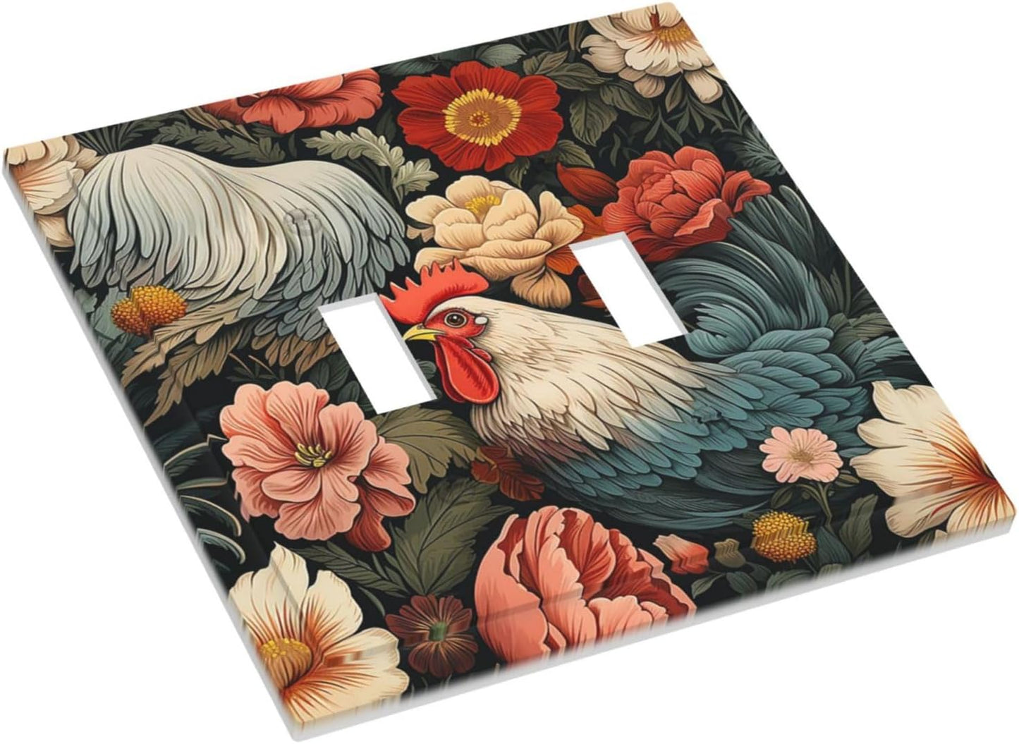 Decorative Switch Plates Rooster Flowers Red White Chicken Floral 2 Gang Double Toggle Outlet Light Switch Cover Wall Plate Electrical Faceplate for living Room Farmhouse Decor