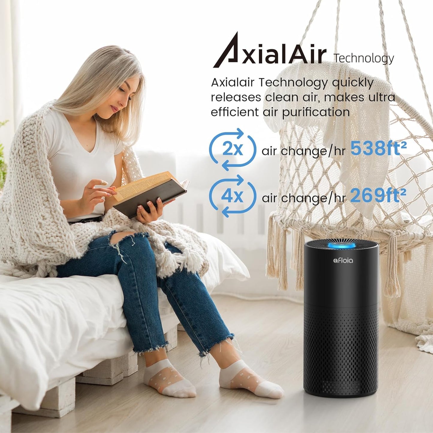 Afloia Air Purifiers for Home Large Room Up to 1076 Ft², 3-Stage Filter Air Purifiers for Bedroom 22 dB, Air Purifiers for Pets Dust Dander Mold Pollen Odor Smoke, Kilo Black, 7 Colors Light