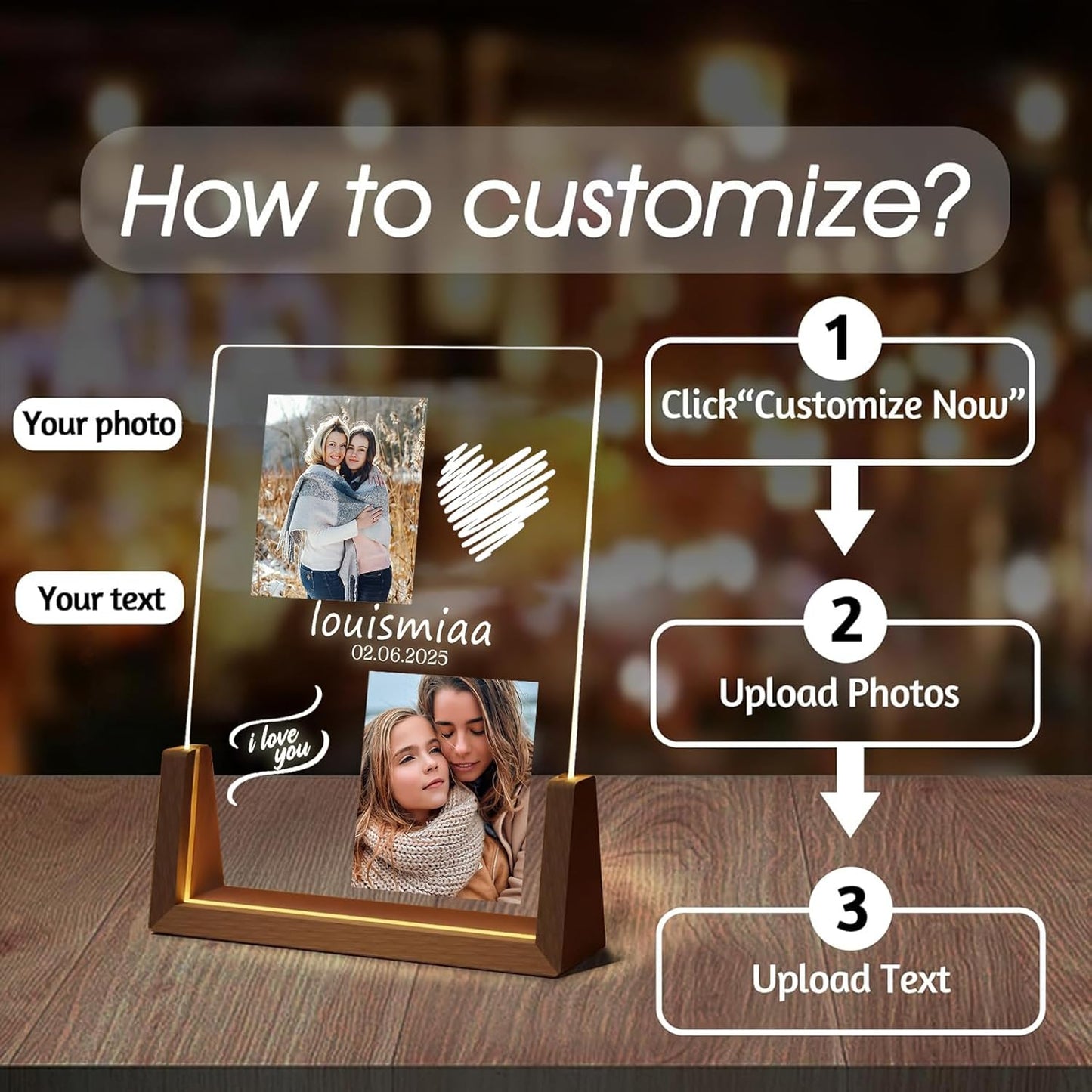 LOUISMIAA Customized Picture Frames with Night Light,Decorative Plaque Anniversary Birthday Mother’s Day Father’s Day Valentine’s Personalized Gifts for Boyfriend Girlfriend Couple Women Same Day Shipping