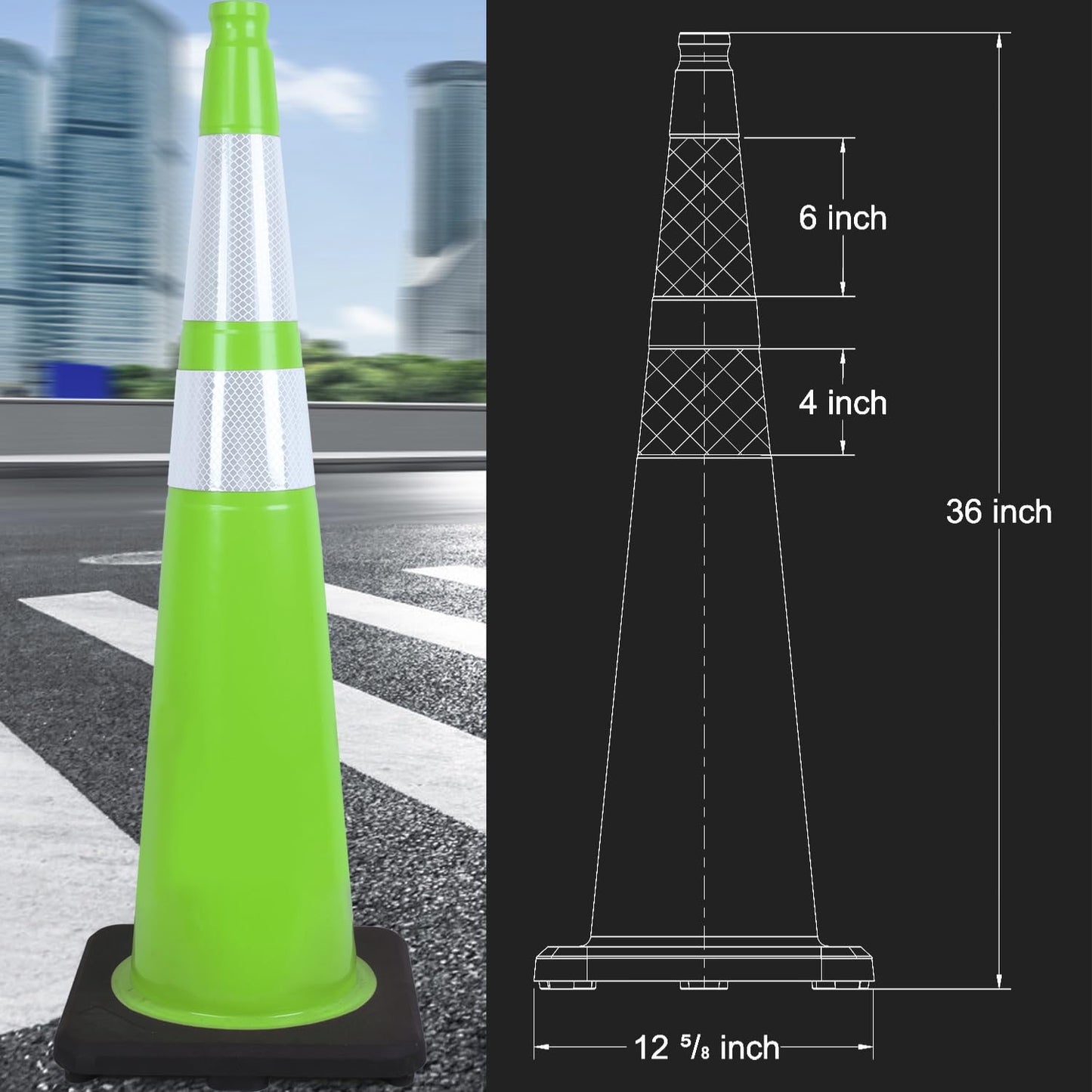 6 Pack 36" Large-Sized PVC Traffic Cones with Heavy-Duty Black Base, Garage Parking Lot Cones Structurally Stable Weatherproof Road Construction Safety Cones (6, Green, 36" Extra Large)