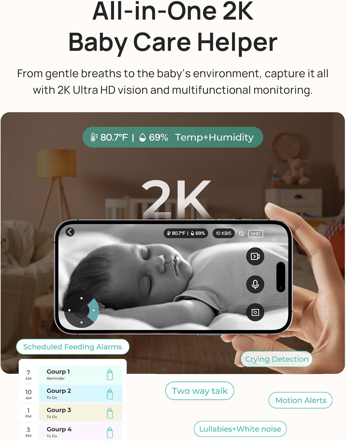 Dr.Care LumiView Plus Smart WiFi Baby Monitor with Clip Mount - 5.5" 1080P Split Screen & 2K Camera, Privacy Mode, Cry & Motion Alerts, 5000mAh Removable Battery, RGB Night Light, HD Night Vision