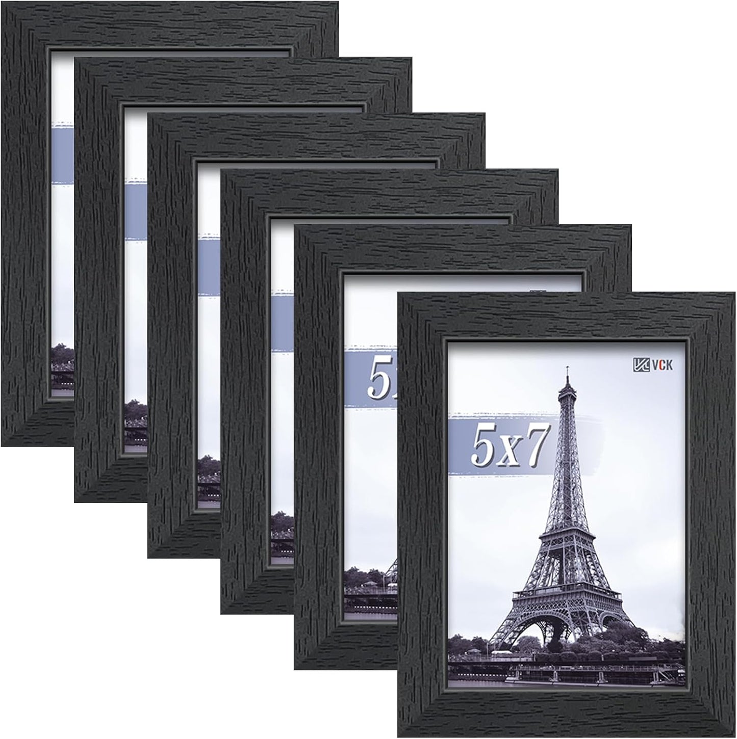 VCK 5x7 Picture Frames Black Set of 6, Wide Border Wood Poster Frame, Multi-Directional Display Family Photos, Office Prints, Studio/Gallery Artwork, Woodgrain Series, Tabletop & Wall Hanging
