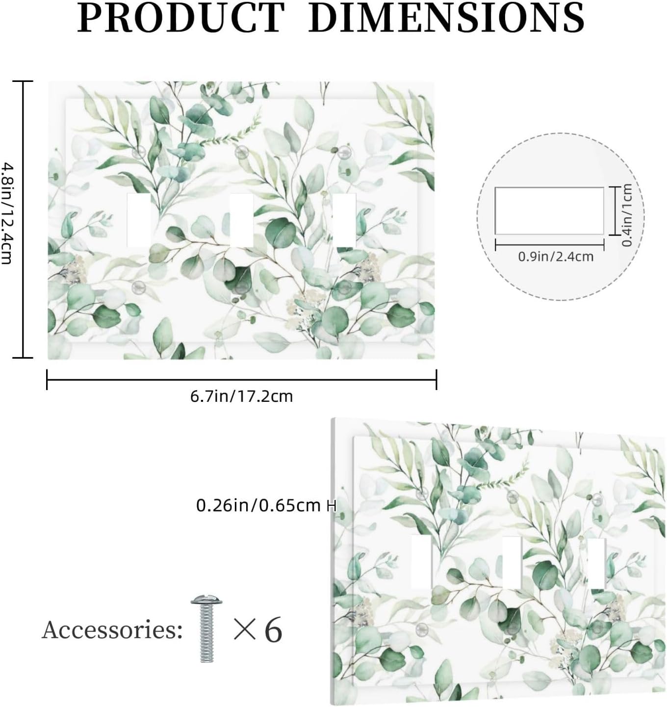 Boho Green Eucalyptus Leaf Floral Plants Flowers Decorative Switch Plates 3 Gang Wall Plate Triple Toggle Light Switch Cover Faceplate Electrical Wall Panels for Bed Room Living Room Decor
