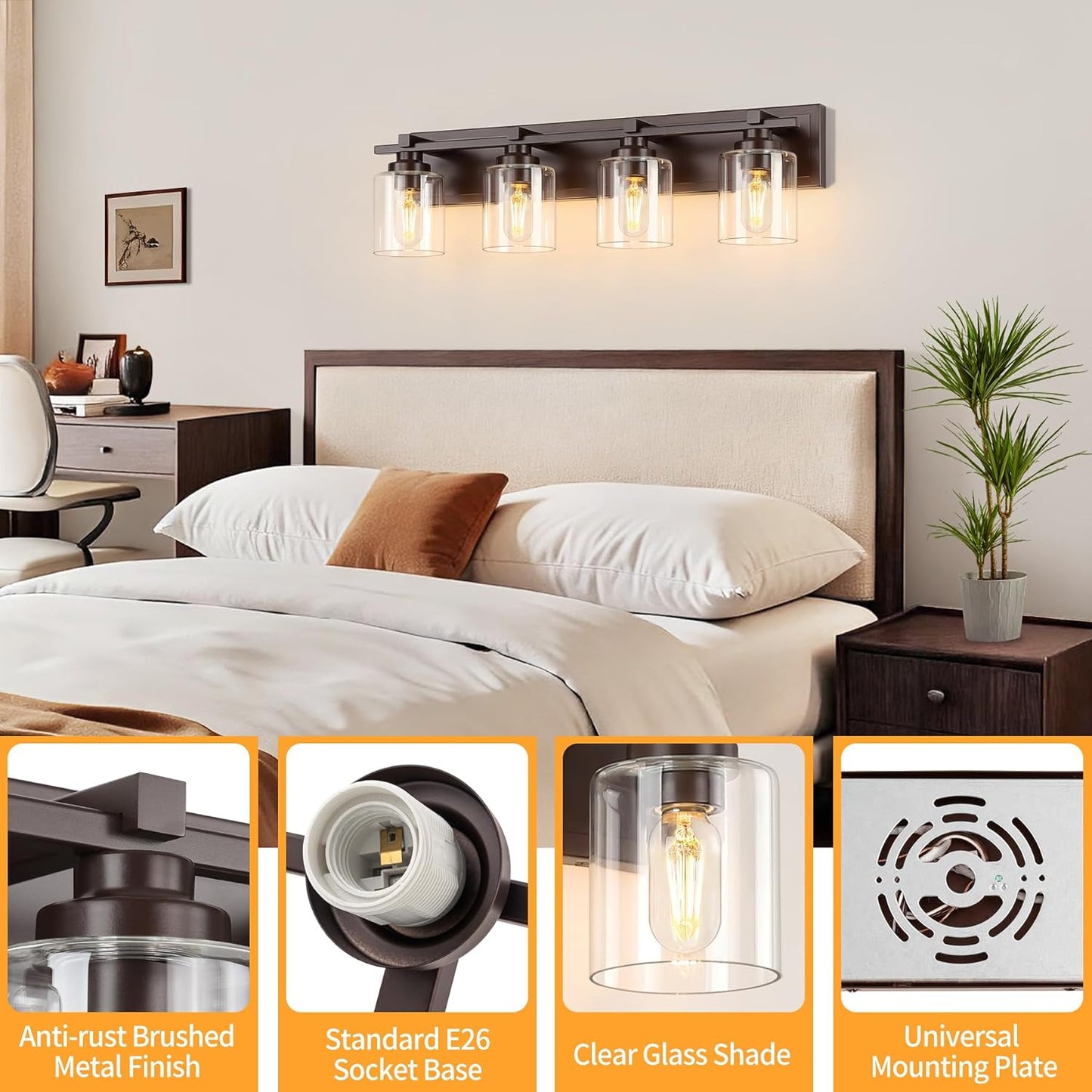 4 Light Modern Bathroom Light Fixtures Over Mirror, Bronze Finish Vanity Lights for Bathroom Wall Sconces with Clear Glass Shades, E26 Socket (Bulbs Not Included)
