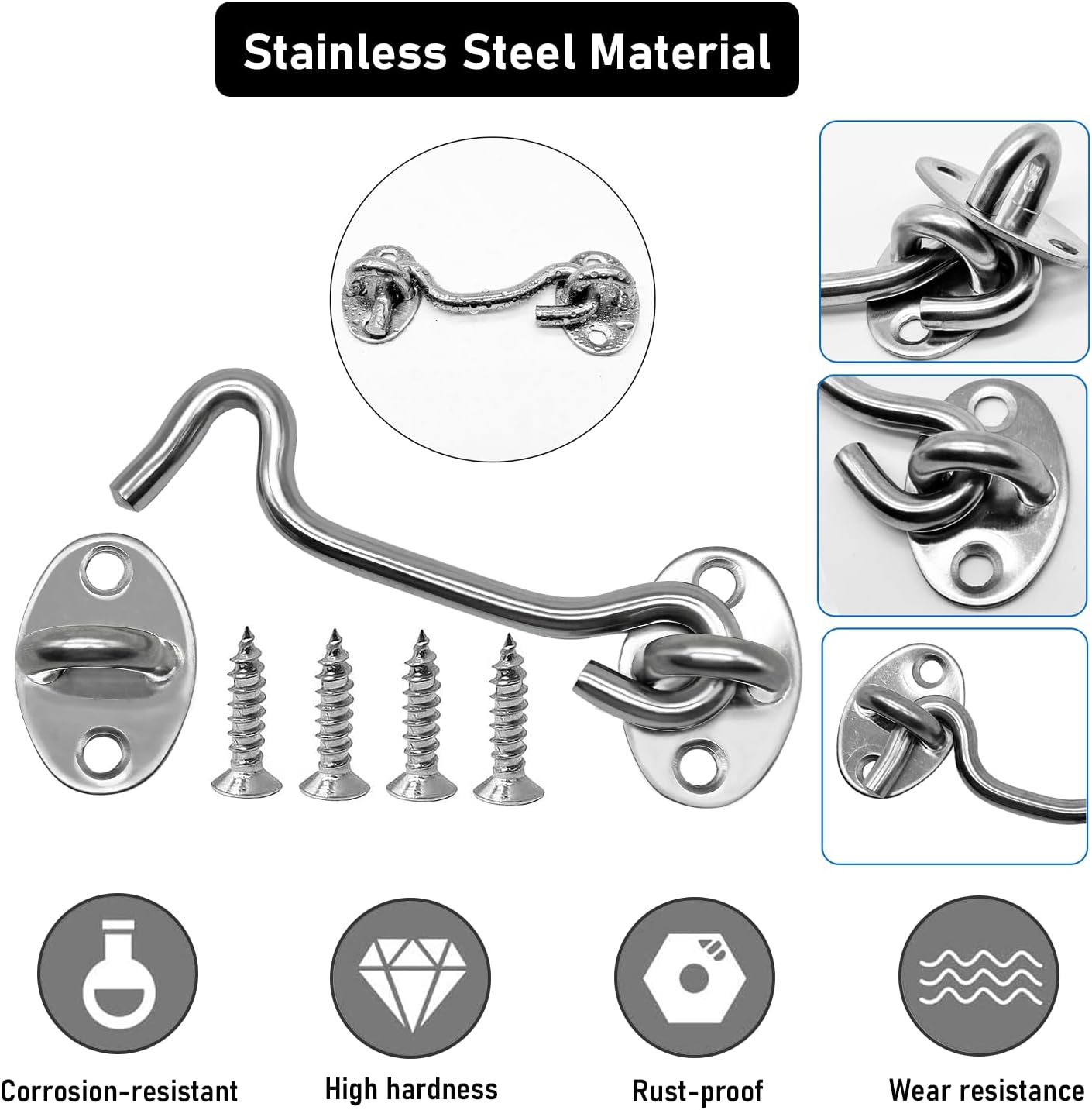 4-Pack 4Inch Door Lock Gate Latch Premium Stainless Steel Hook and Eye Gate Latch Cabin Hook with 16pcs Screws, Silver