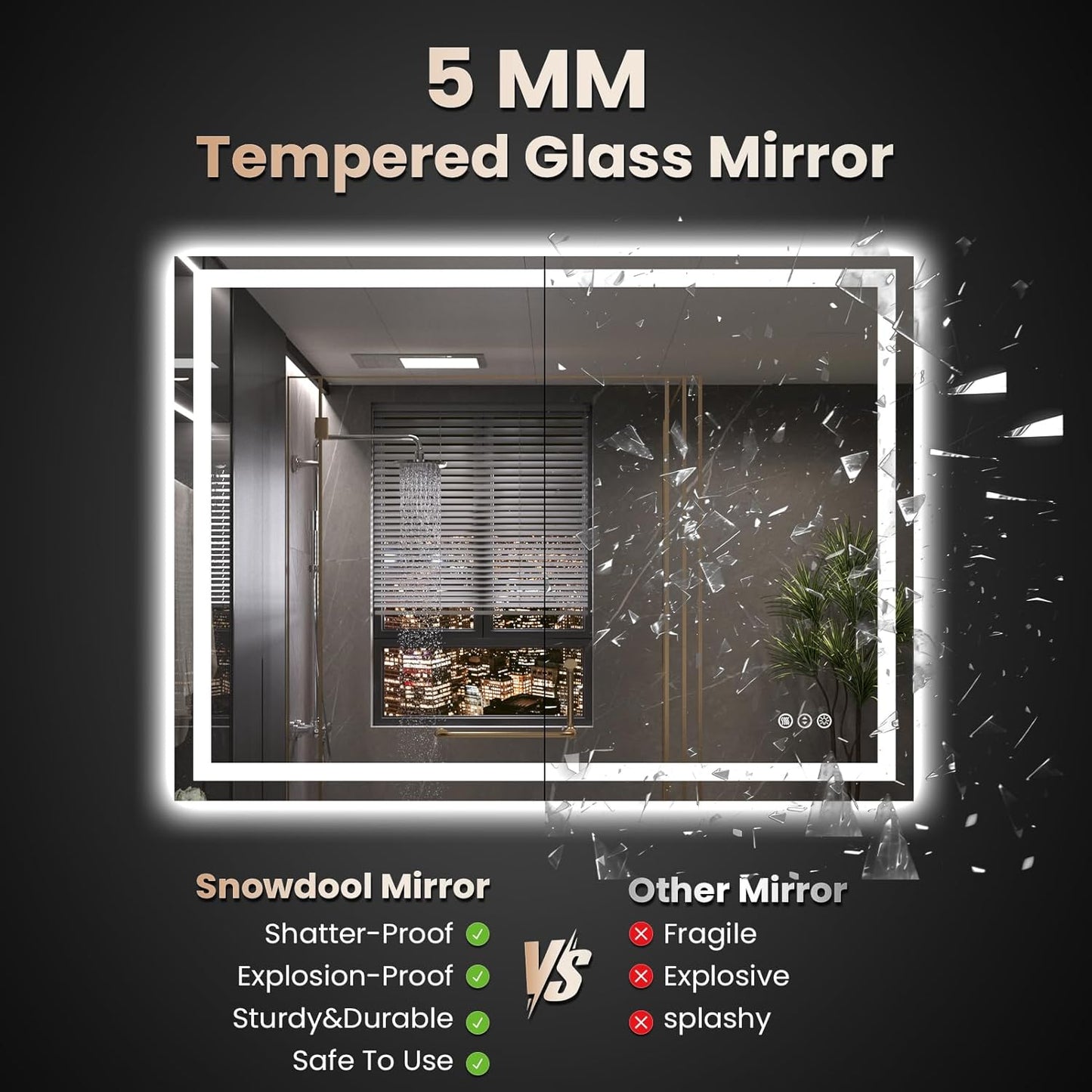 48"X36" LED Bathroom Mirror with Front Lights and Backlit, Anti-Fog, Dimmable, Shatter-Proof Tempered Glass, Lighted Bathroom Vanity Mirror for Wall with 3 Colors, Memory Function