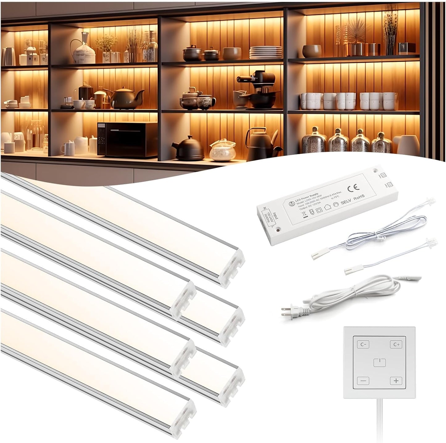 VST Under Cabinet Lighting, Work with Touch Switch – Solderless Linkable Gapless Under Counter Lights for Kitchen Liquor Cabinet Closets (6 Lights Bar Kit)