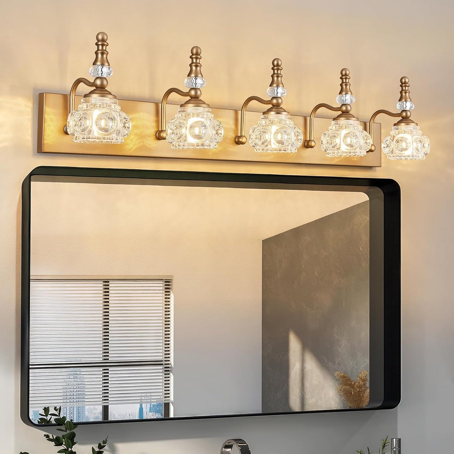 Modern Glass Crystal Vanity Light - Vintage Bathroom Lighting Fixtures Over Mirror, 5 Light Vanity Lights G9 Bulb (35.43 Inch,Brass)