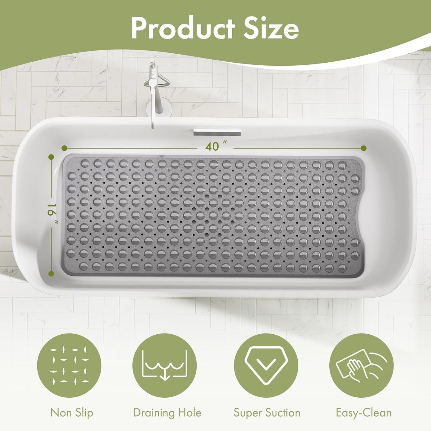 AmazerBath Shower Mat Non Slip 40 x 16 Inches, Shower Stall Mats with Suction Cups and Drain Holes, Non Slip Bath Mat for Tub for Elderly & Kids, Grey