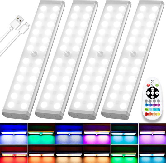 Diomart Under Cabinet Lighting Wireless, RGB Rechargeable Motion Sensor Light Indoor Night Lights, 58 -LED Remote Control Under Counter Lightis for Kitchen, Wardrobe, Hallway, Stairs, Desk(4 Pack)