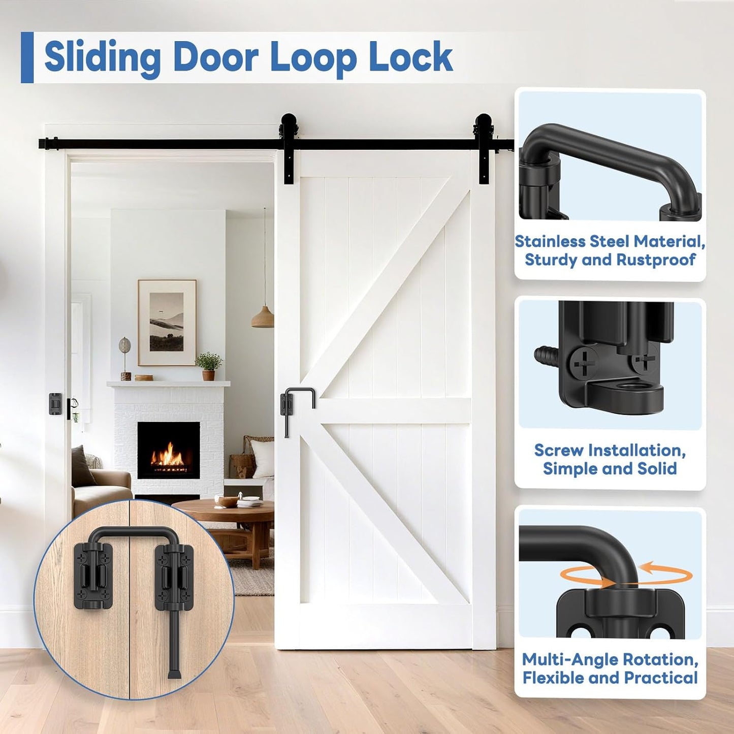 Sliding Door Loop Lock, 90/180 Degree Stainless Steel Patio Door Latch for Sliding Barn/Single/Double Opening Gate, Shed, Closet, Window, Fence - Home Security Loop Latch (Black-1PC)