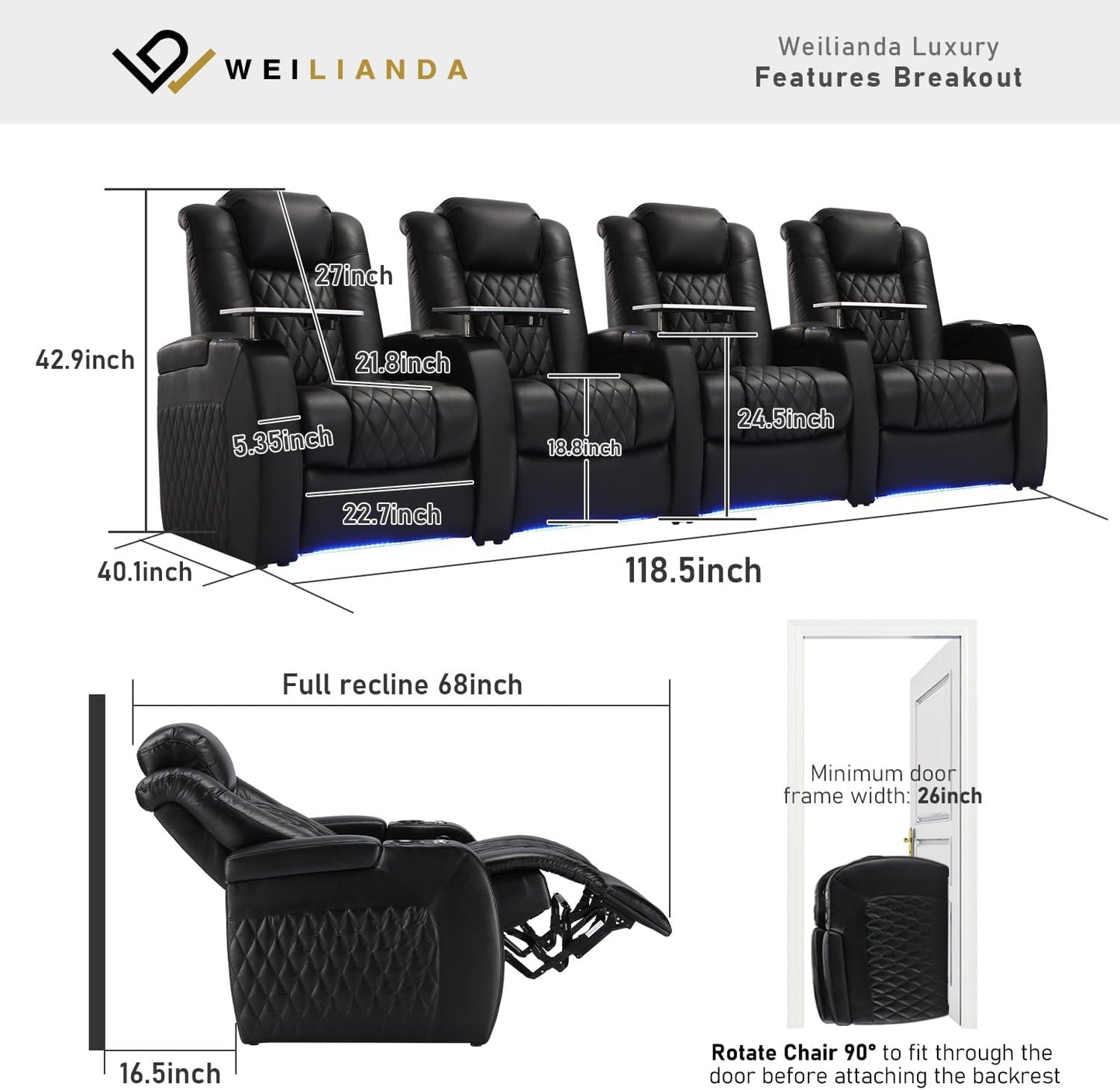 Weilianda Home Theater Seating Top Grain Leather Zero Gravity Recliner Chair Power Headrest Recline Movie Seat Gaming 7 Colors Mood Light Sofa with Tray Table USB Charge Row of 4 Black