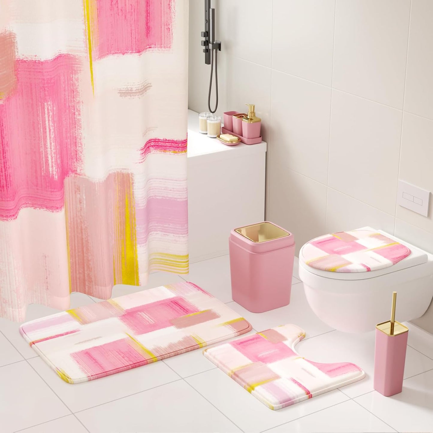 Bathroom Accessories Set - 26PCS Pink Bathroom Set, Bathroom Accessory Set with Shower Curtain and Rugs and Bathtub Mats for Home