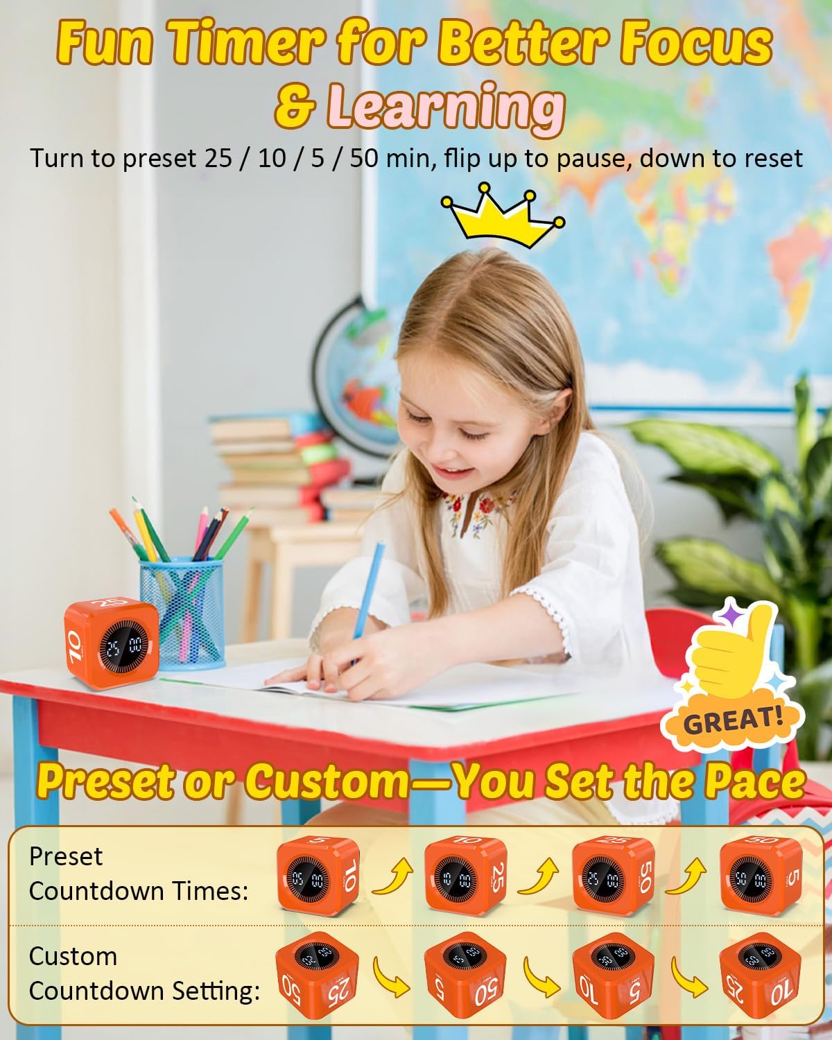 Pomodoro Timer Cube Visual Productivity Flip Timer for Kids Classroom Desk, 5/10/25/50min&Custom Countdown, Silent&Sound Mode Digital Cube for ADHD Study Work School Game Kitchen (Orange)