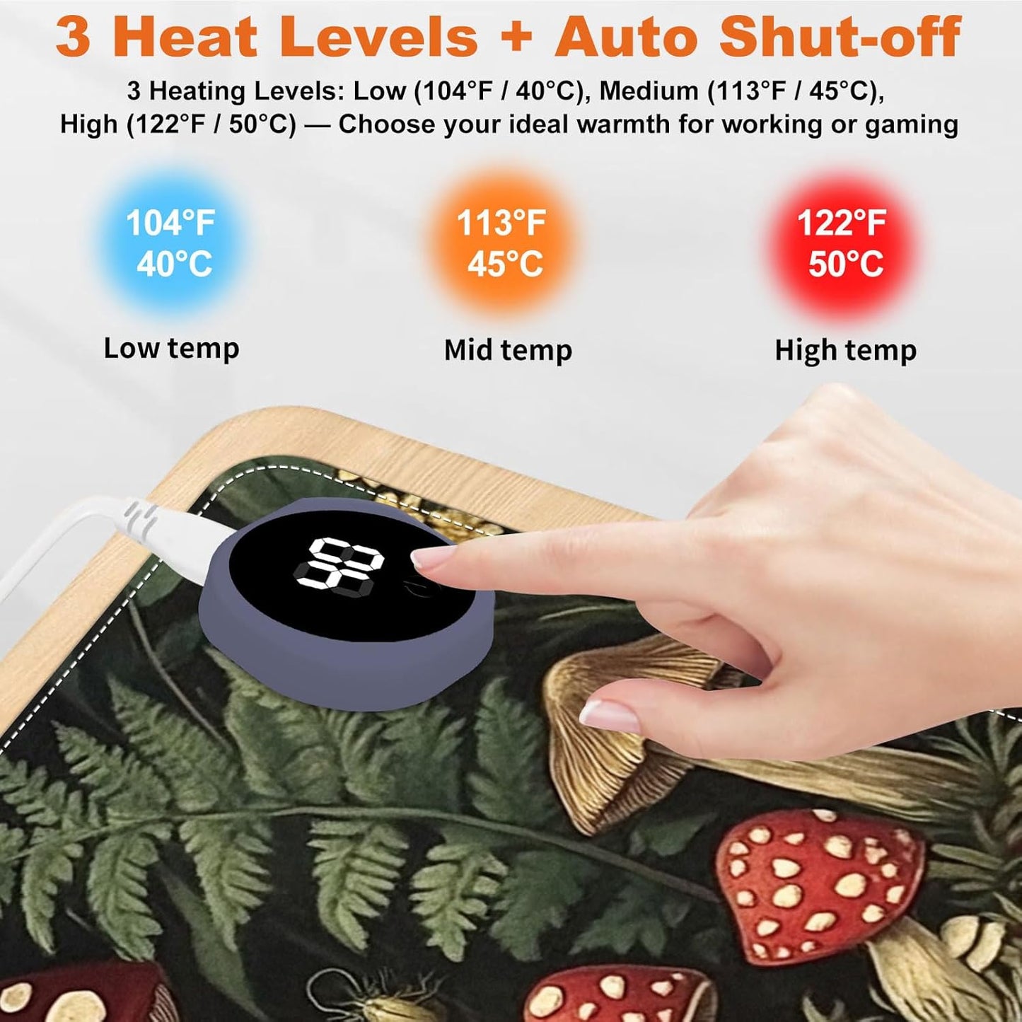 Small Heated Desk Pad 23.6" x 14.2" – Compact Electric Mouse Pad with 3 Heating Levels, Auto Shut-Off, Waterproof PU Surface, Plug-in Warmer for Office or Home Use, Forest Mushrooms