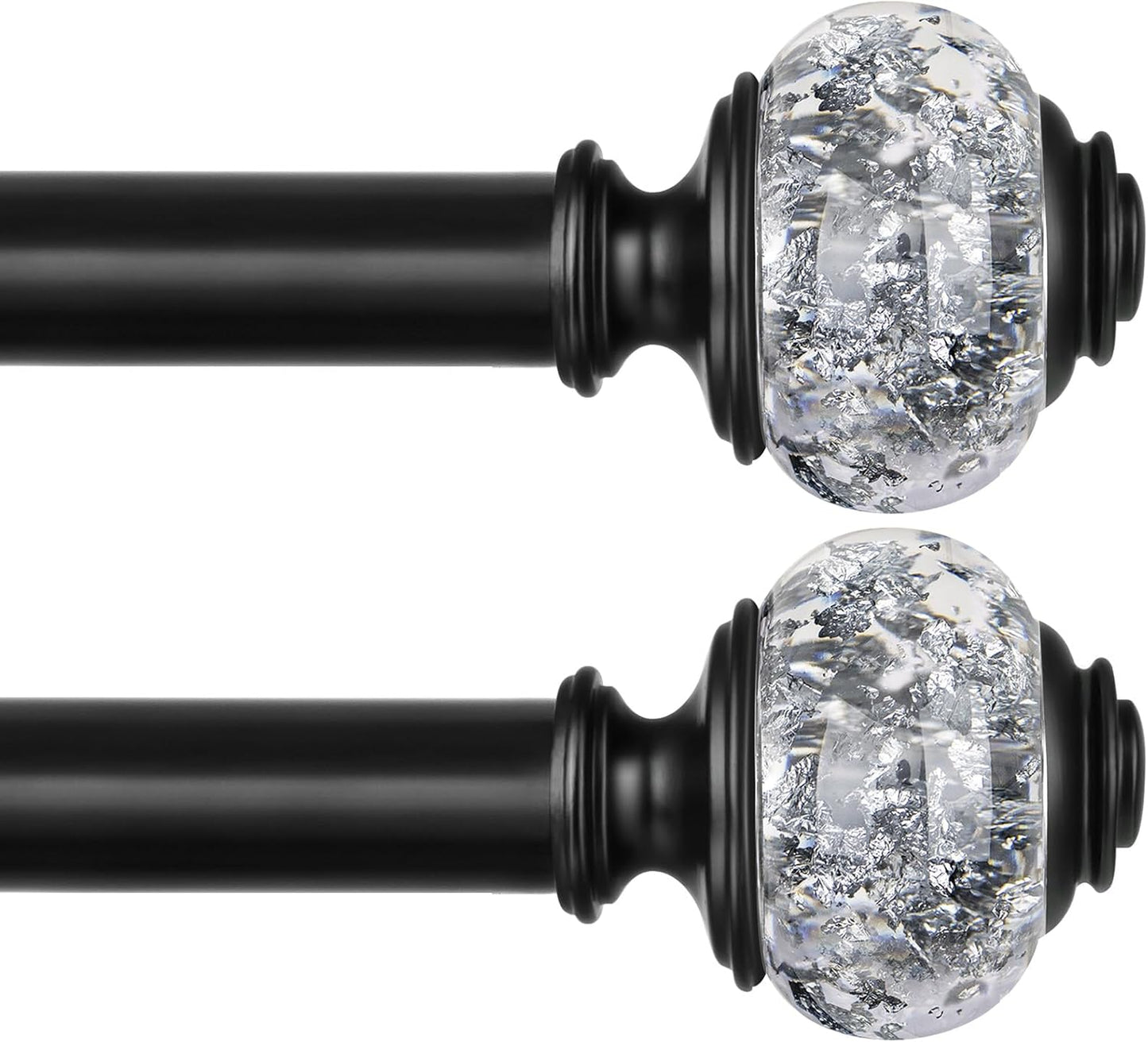 2 Pack Black Curtain Rods, 1 Inch Telescoping Drapery Rod 28 to 48 inch (2.3 to 4 ft), USFOOK Curtain Rods for Windows, Silver Translucent Finials