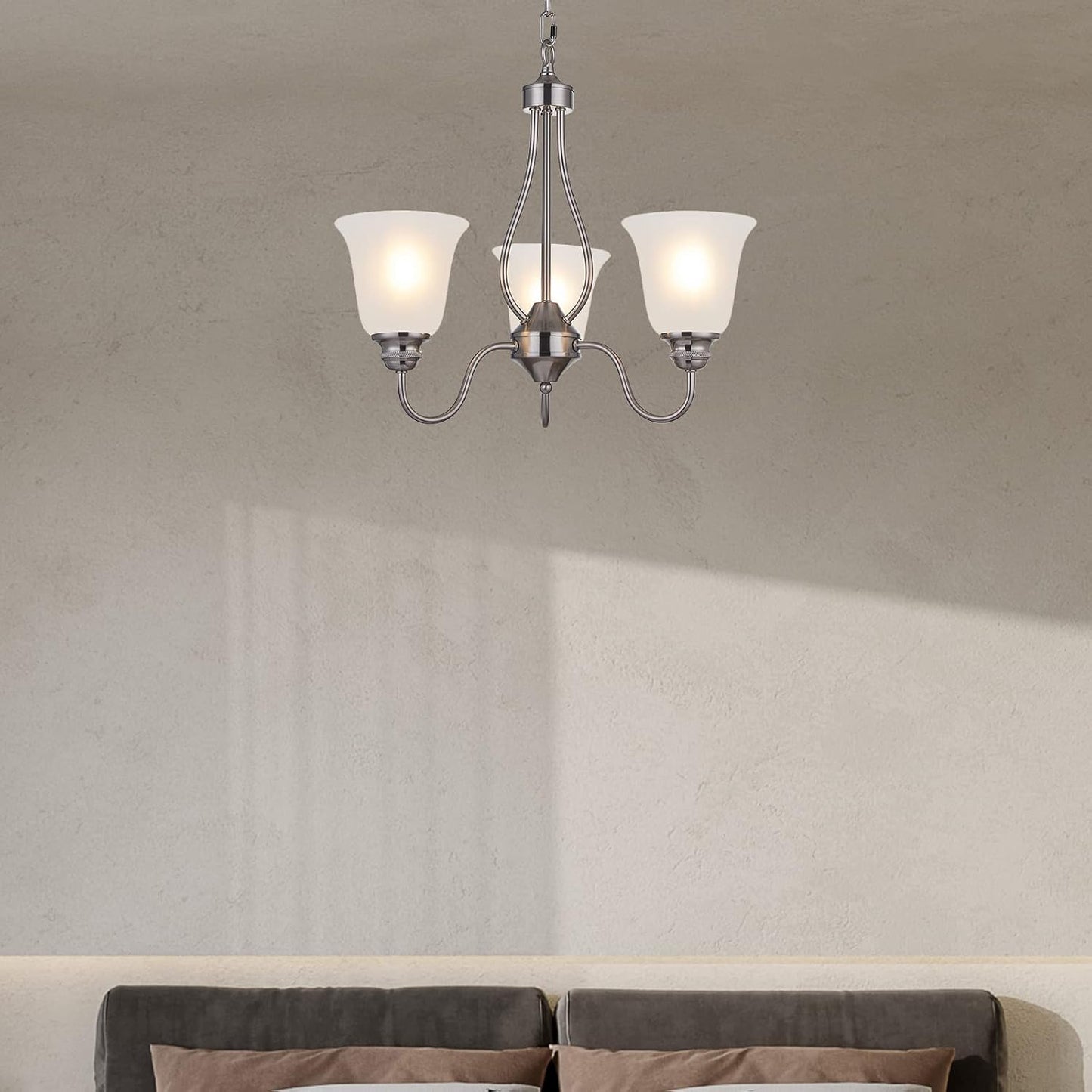 3 Light Chandelier with Brushed Nickel Finish, Classic Style Ceiling Light Fixture with Frosted Glass Shade for Meeting Room Dining Room Living Room Corridor, LED Bulb(not Include)