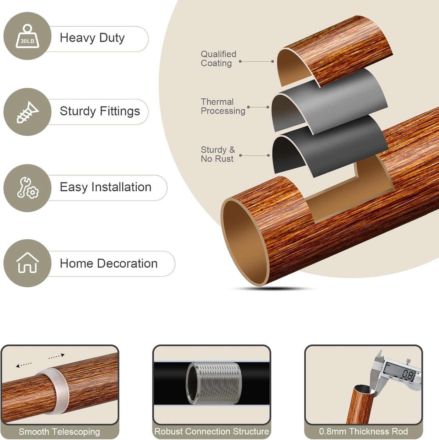 Reddish-Brown Wood Curtain Rods for Windows 72 to 144 Inch, 1'' Adjustable Heavy Duty Curtain Rod，Vintage Imitation Wood Decorative Drapery Rods with Pumpkin Finials for Bedroom Living Room